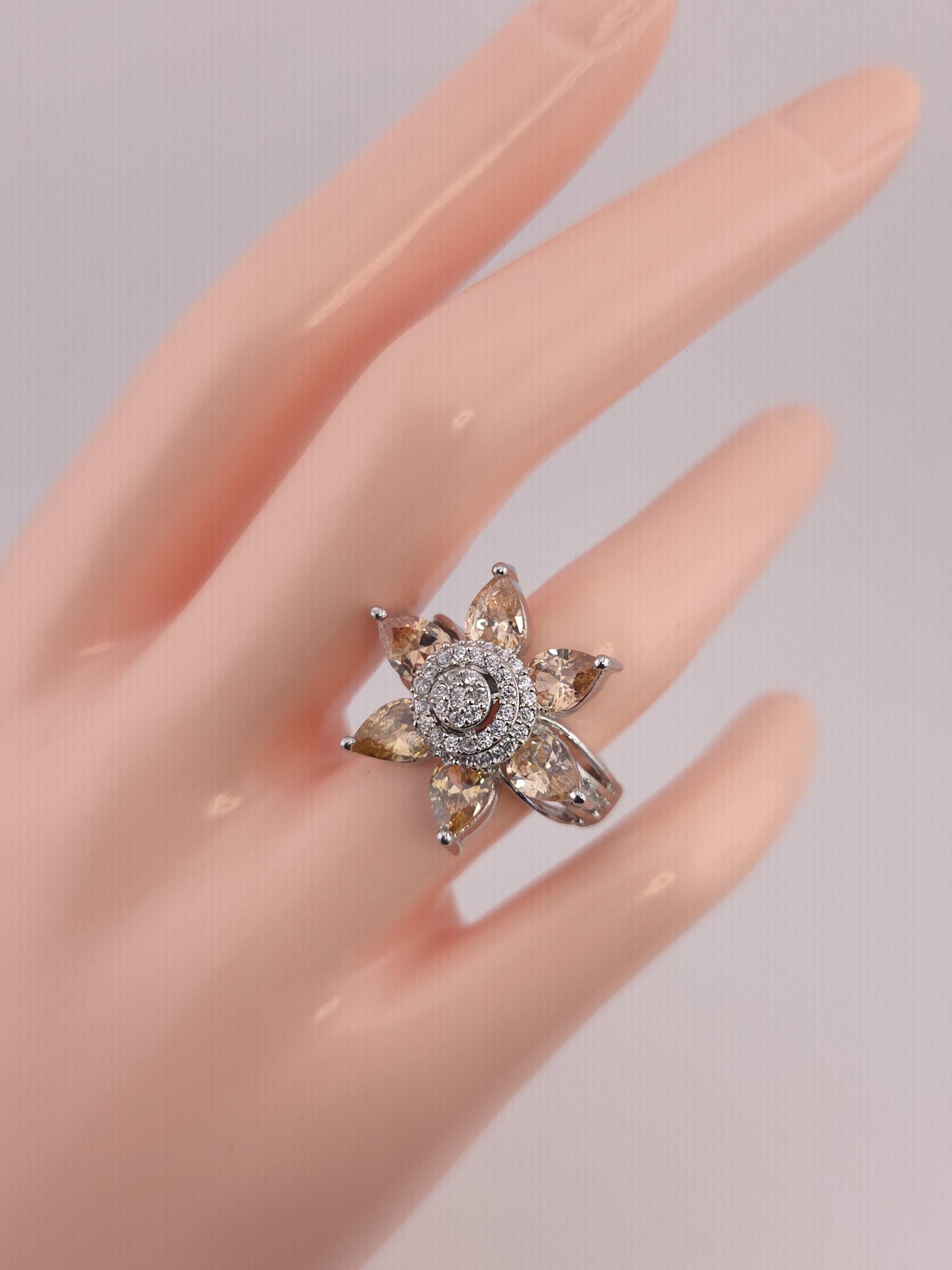 Adjustable Silver Plated Flower Ring, Cubic Zirconia Statement Cocktail Ring