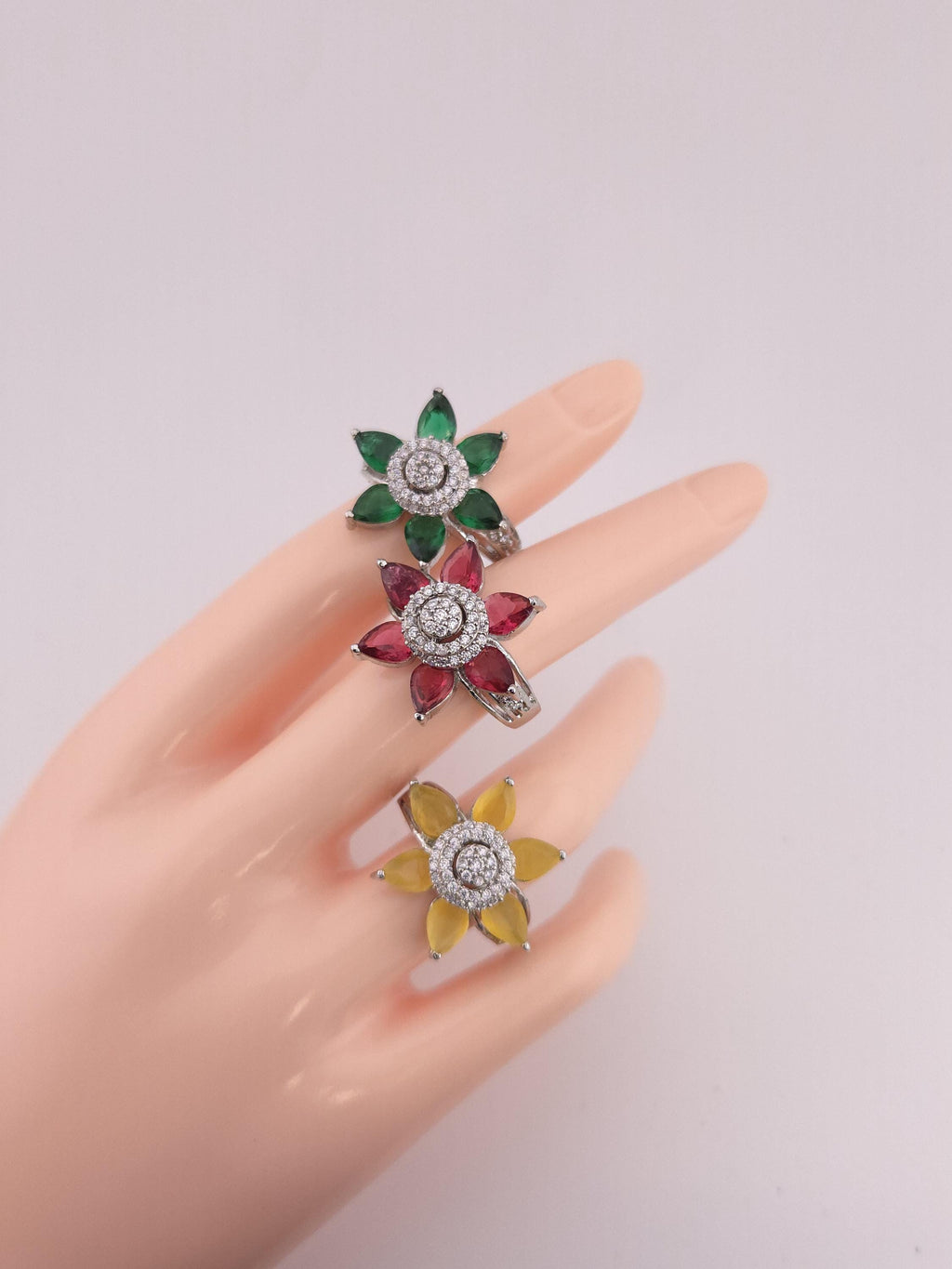 Adjustable Silver Plated Flower Ring, Cubic Zirconia Statement Cocktail Ring
