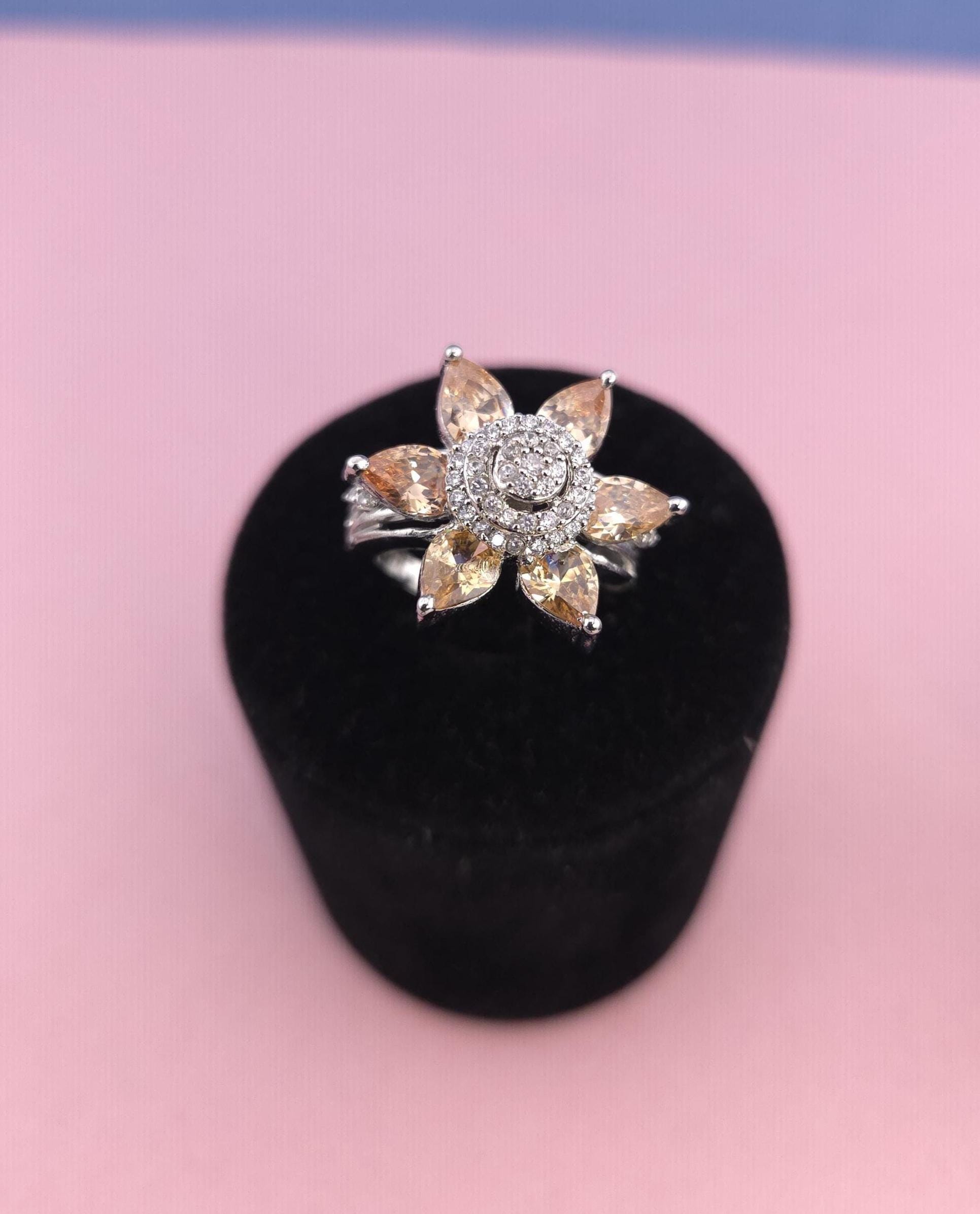 Adjustable Silver Plated Flower Ring, Cubic Zirconia Statement Cocktail Ring