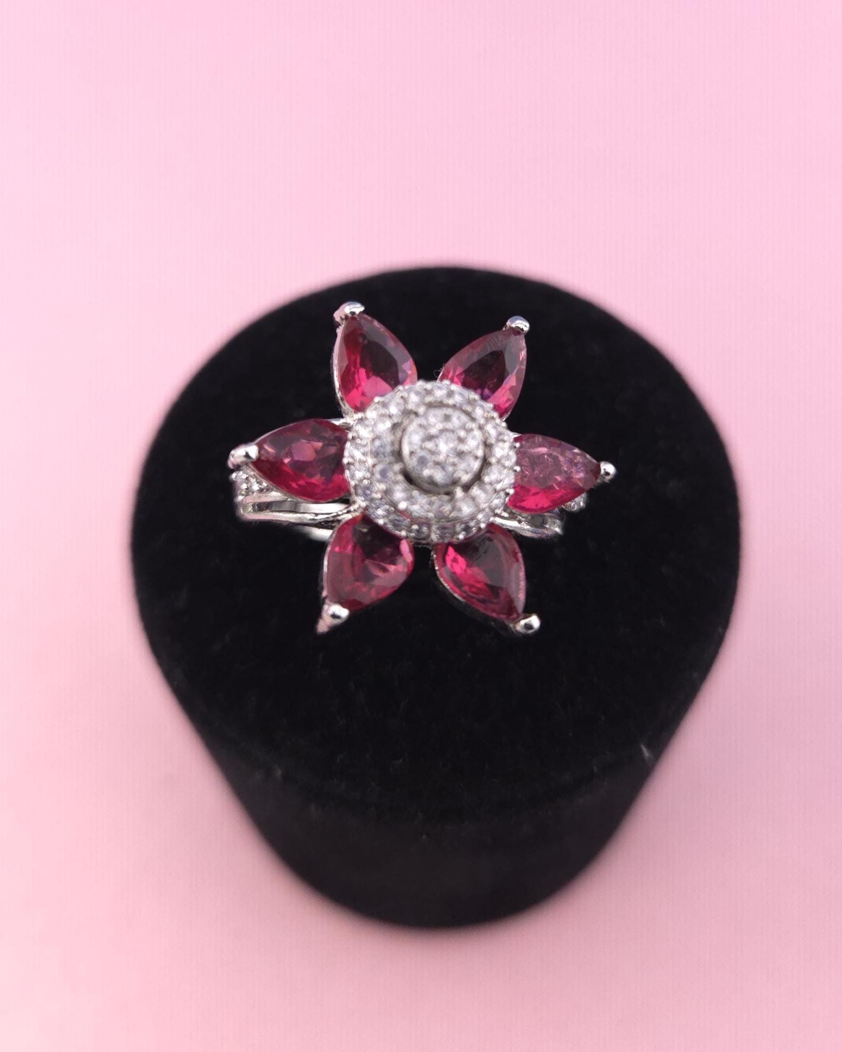 Adjustable Silver Plated Flower Ring, Cubic Zirconia Statement Cocktail Ring