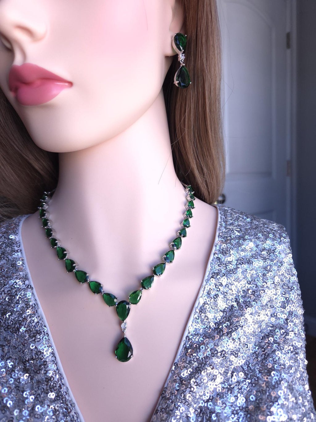 Emerald Green Teardrop Necklace Earrings Set, Silver Plated CZ Bridal Jewelry