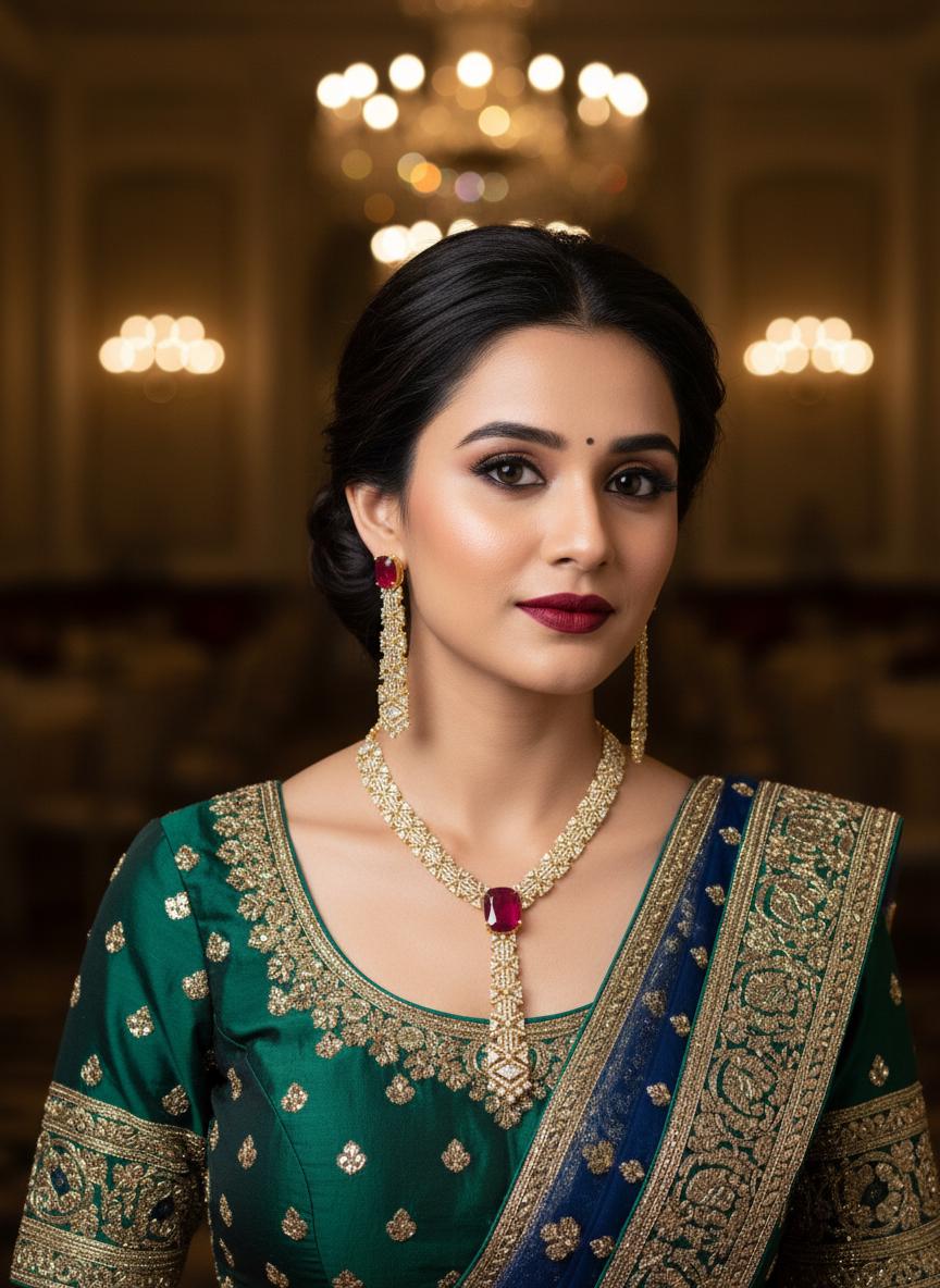 Ruby Red CZ V-Shape Long Pendant Necklace Set – Gold Plated Indian Bridal Jewelry