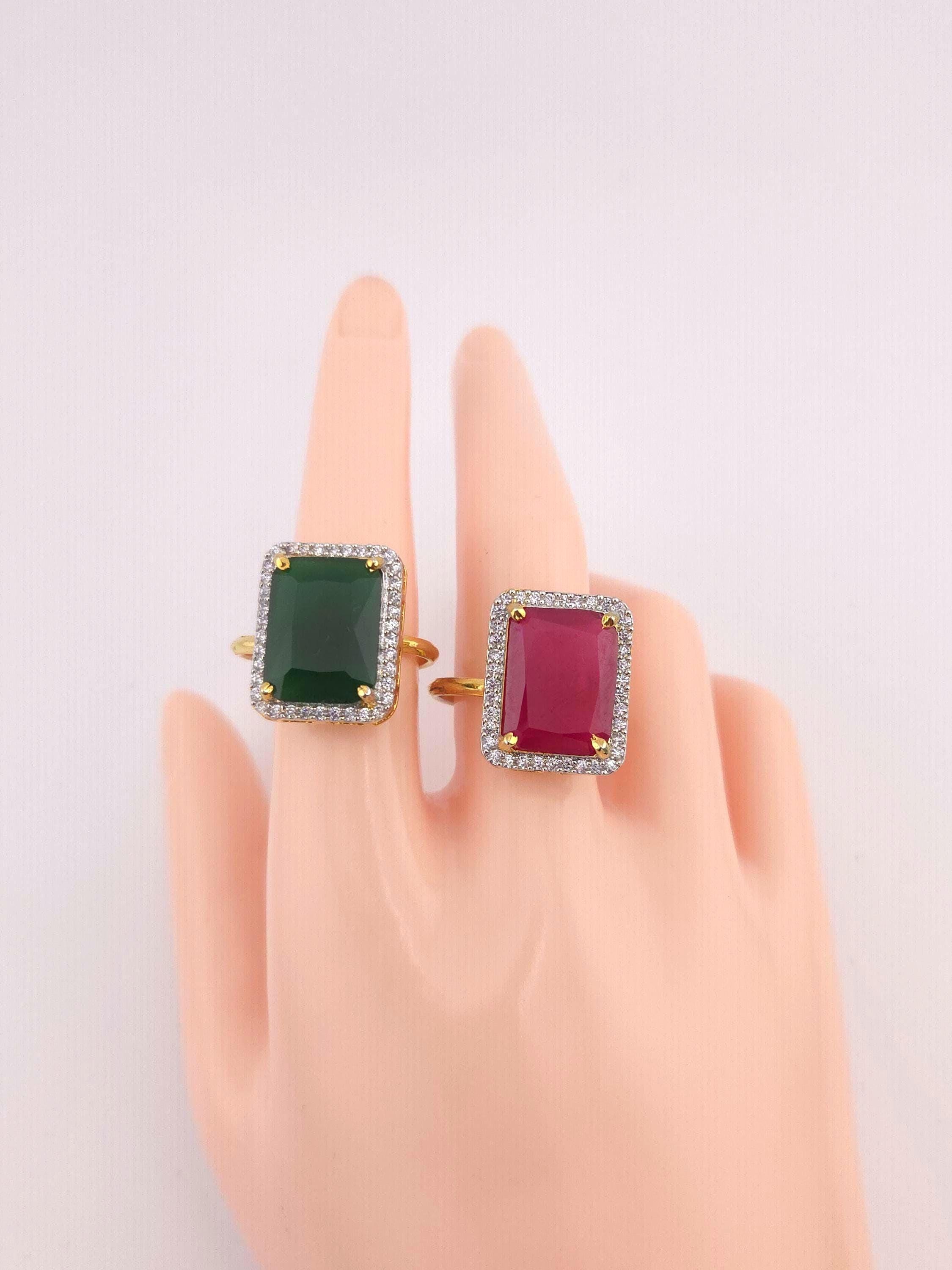 Gold Finish Emerald Cut CZ Statement Ring | Adjustable Indian Cocktail Ring