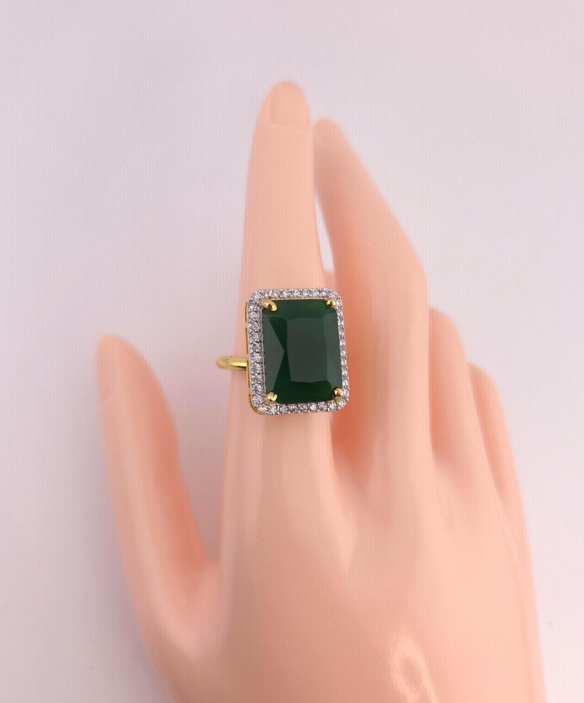 Gold Finish Emerald Cut CZ Statement Ring | Adjustable Indian Cocktail Ring