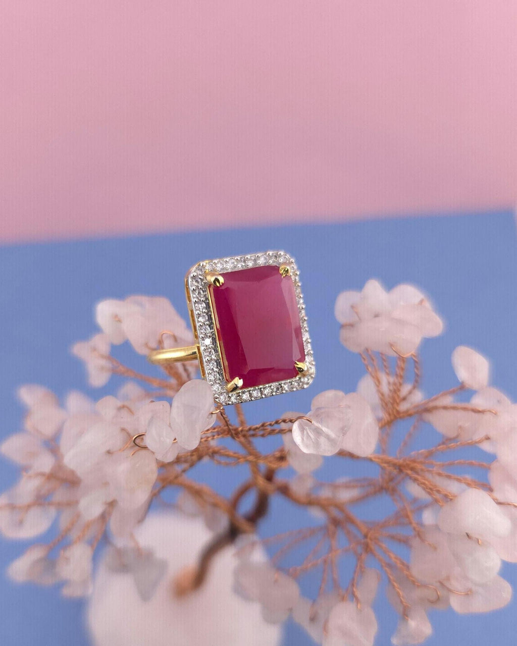 Gold Finish Emerald Cut CZ Statement Ring | Adjustable Indian Cocktail Ring