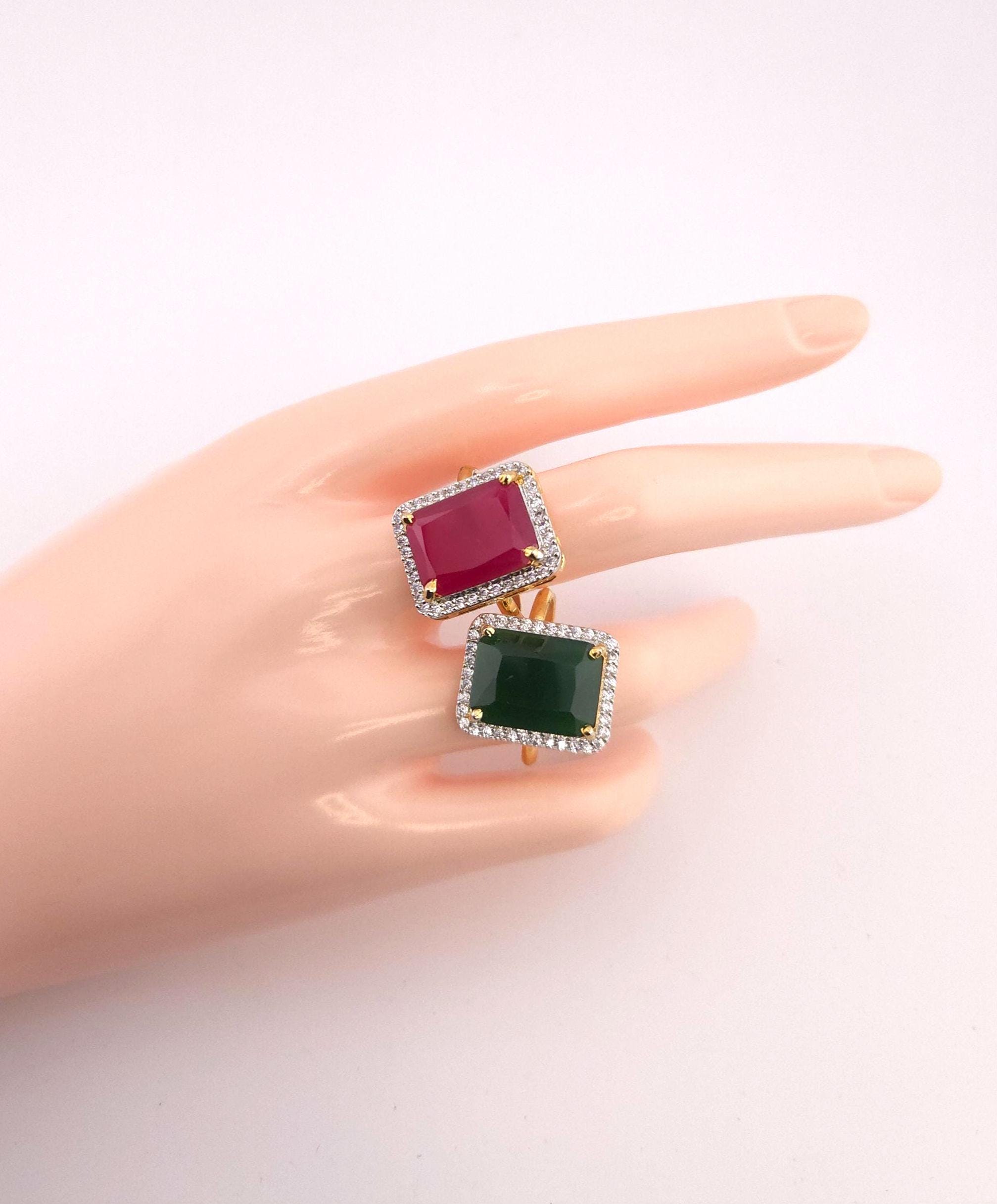 Gold Finish Emerald Cut CZ Statement Ring | Adjustable Indian Cocktail Ring
