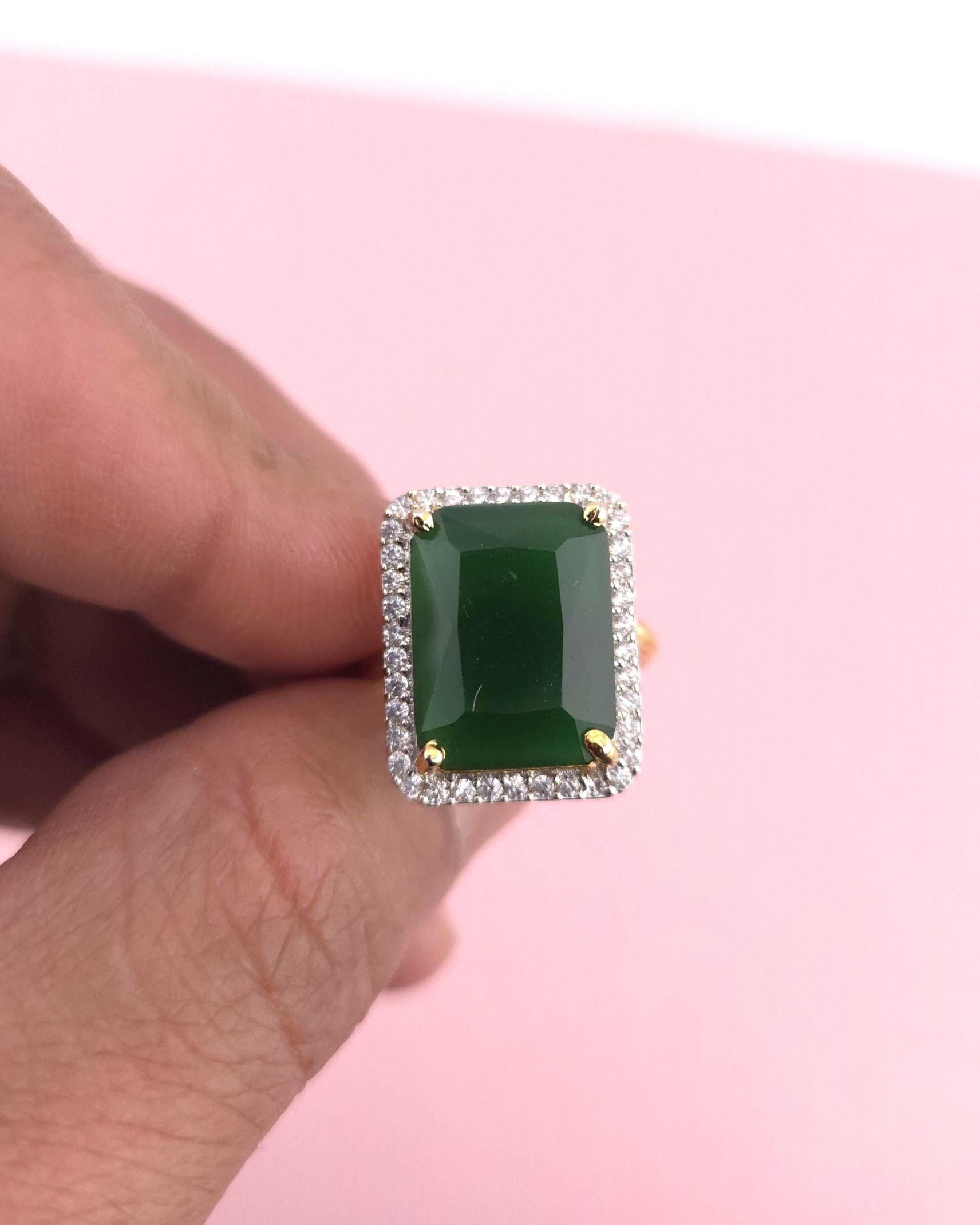 Gold Finish Emerald Cut CZ Statement Ring | Adjustable Indian Cocktail Ring