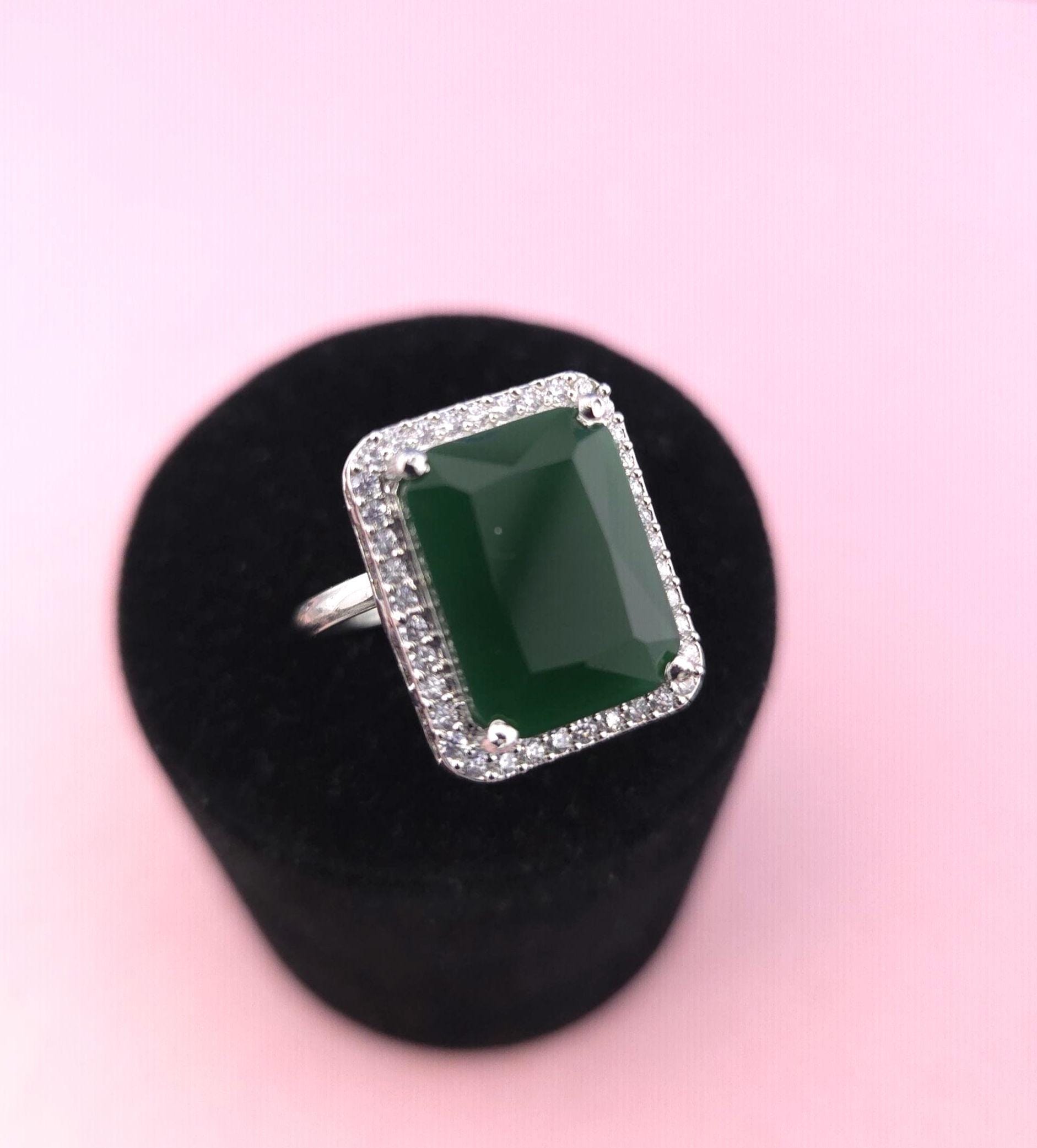 Silver Emerald Cut CZ Statement Ring | Adjustable Indian Cocktail Ring