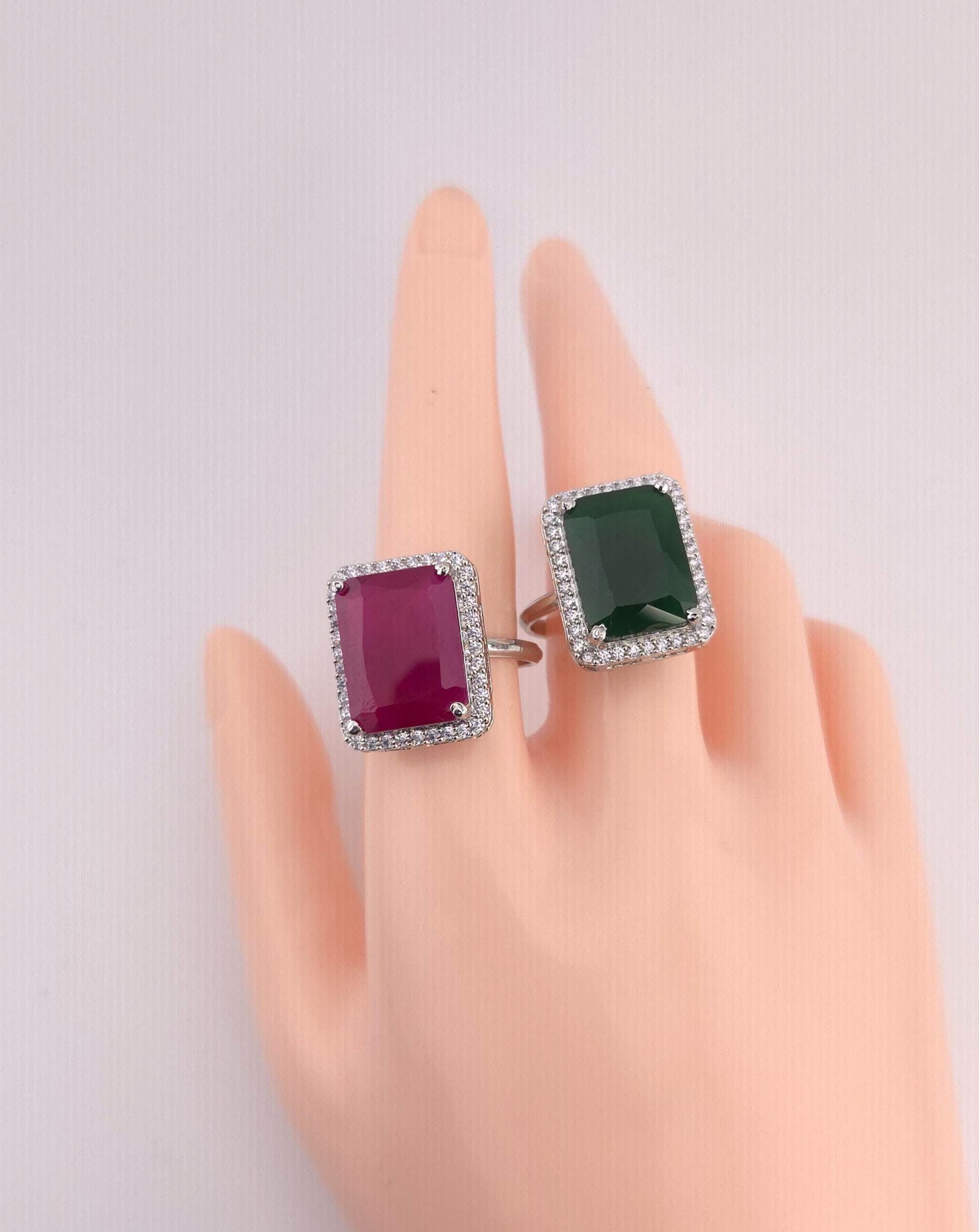 Silver Emerald Cut CZ Statement Ring | Adjustable Indian Cocktail Ring