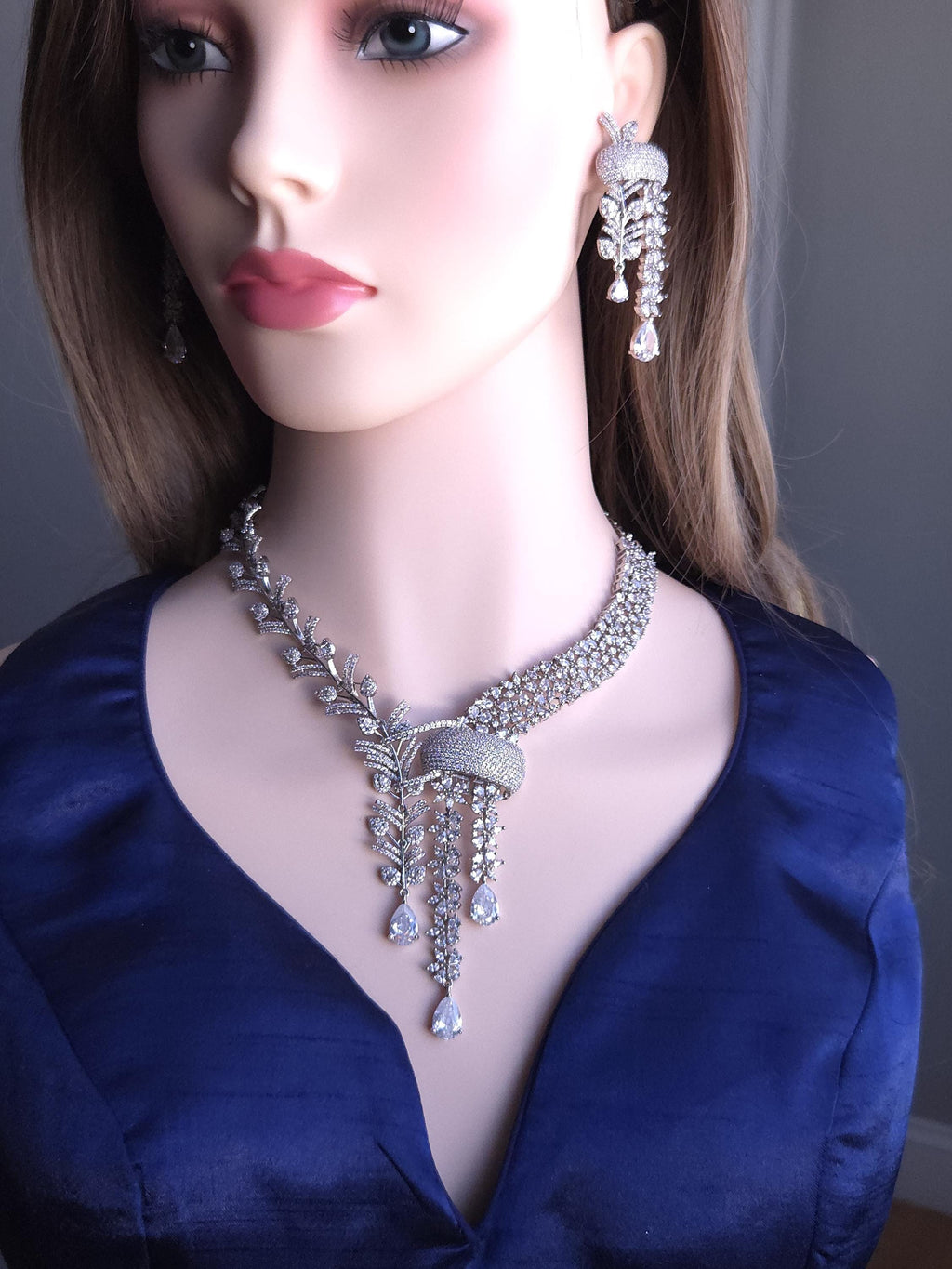 Indian Bridal Necklace Set | Silver Finish American Diamond Leaf Design with Earrings