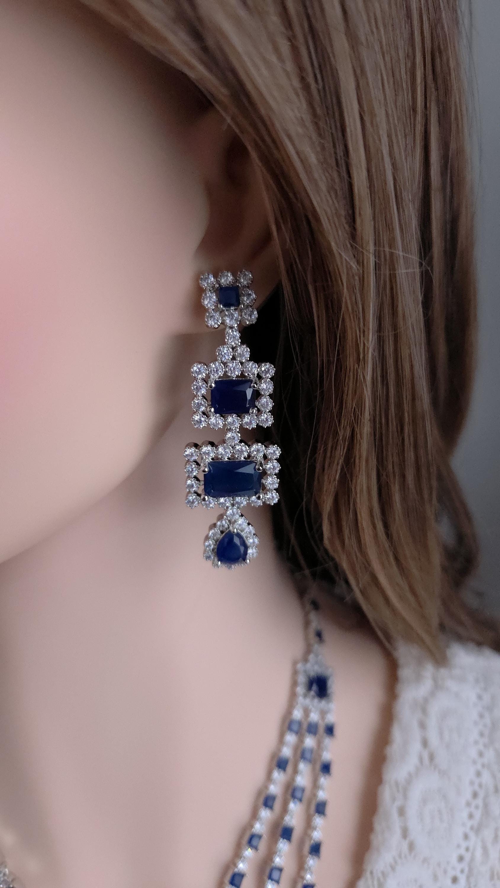 Blue CZ Bridal Jewelry Set | Silver Layered Necklace & Earrings