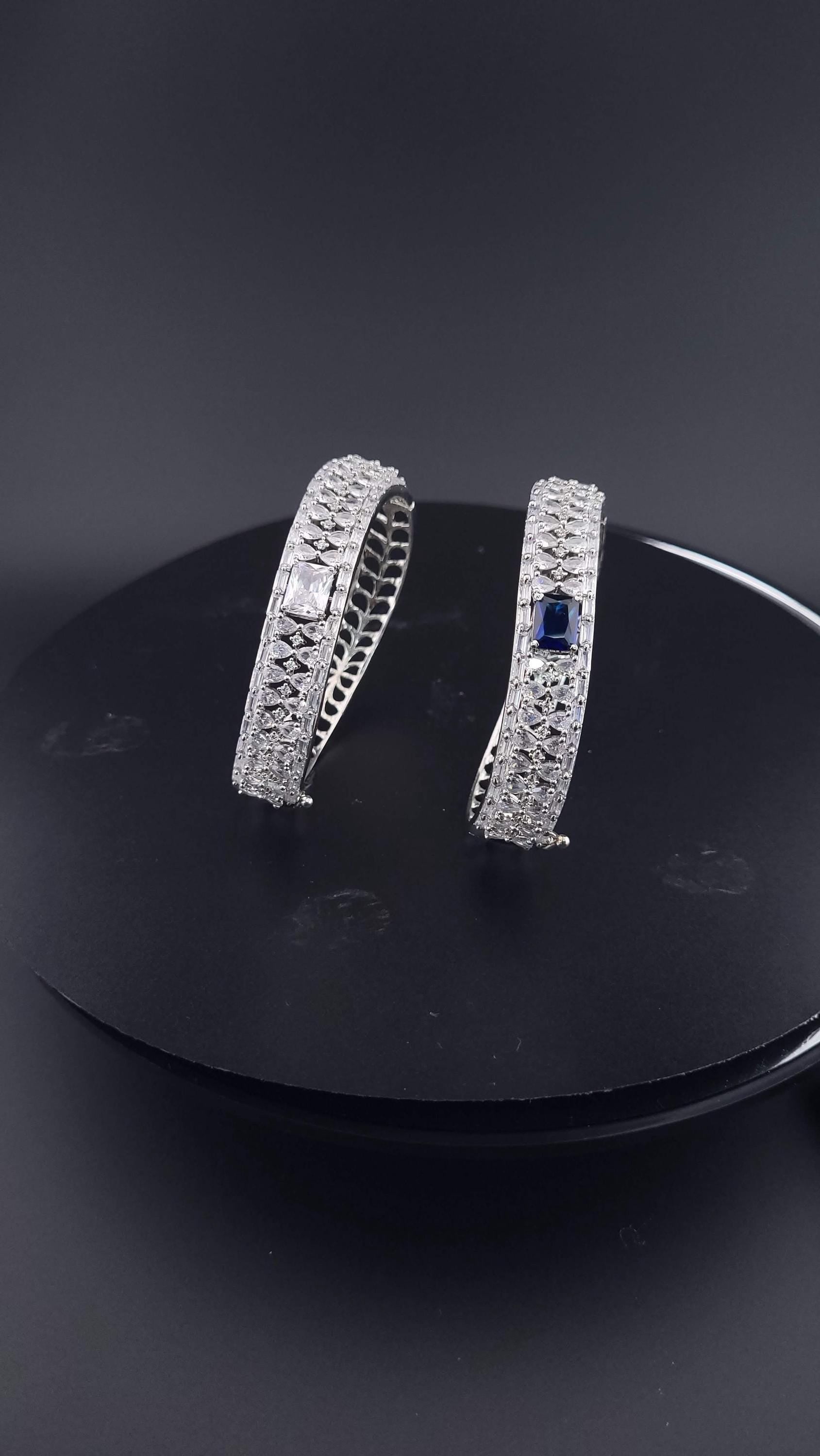 Vintage Inspired CZ Bangle Bracelet – Blue or Clear, Elegant Party & Wedding Jewelry