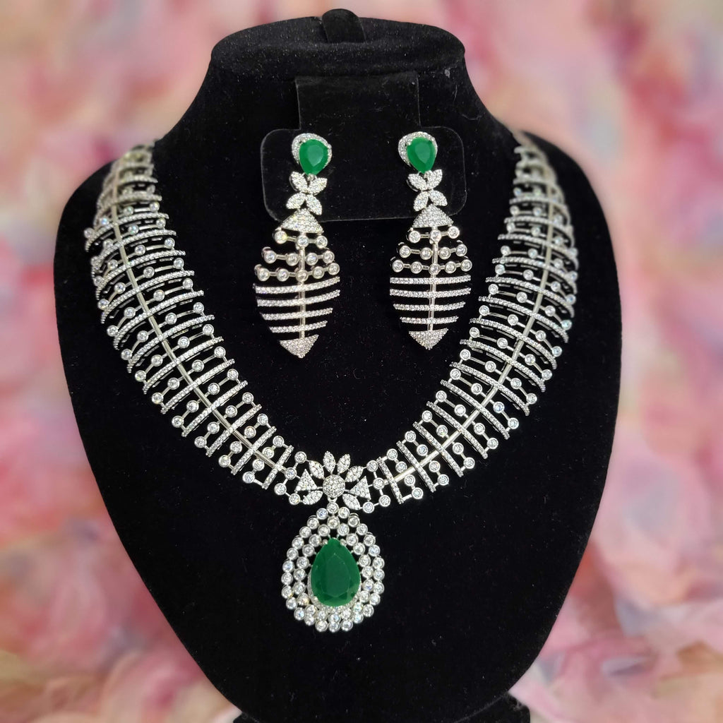 Green CZ Indian Bridal Necklace & Earrings Set – Silver Tone Statement Wedding Jewelry