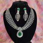 Green CZ Indian Bridal Necklace & Earrings Set – Silver Tone Statement Wedding Jewelry