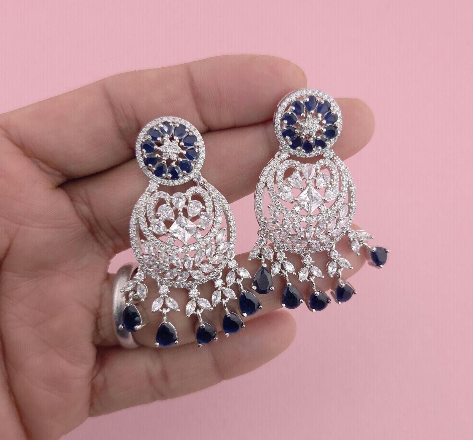 Navy Blue Kundan Choker Necklace Set | Silver Finish Bridal Jewelry