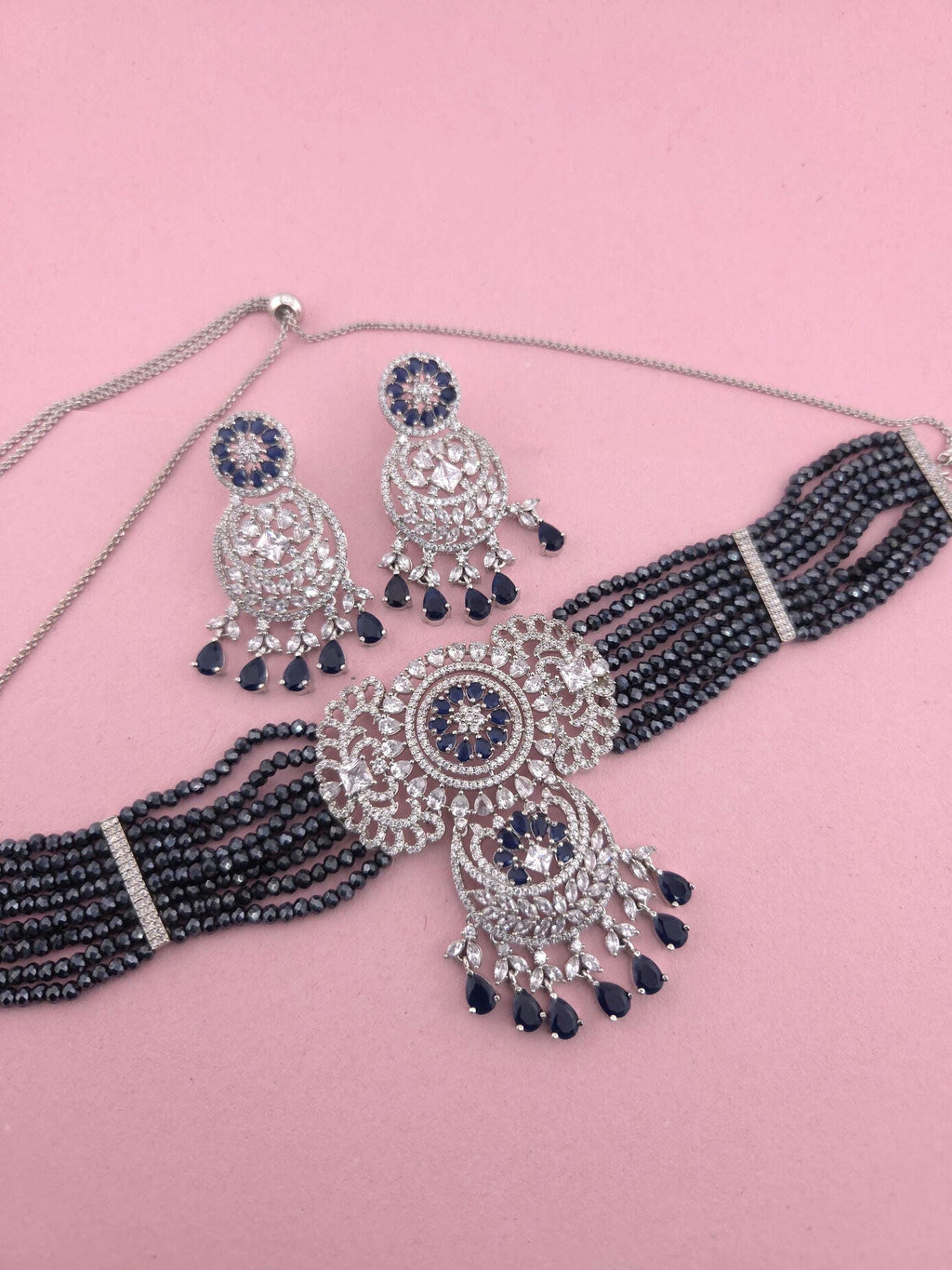 Navy Blue Kundan Choker Necklace Set | Silver Finish Bridal Jewelry