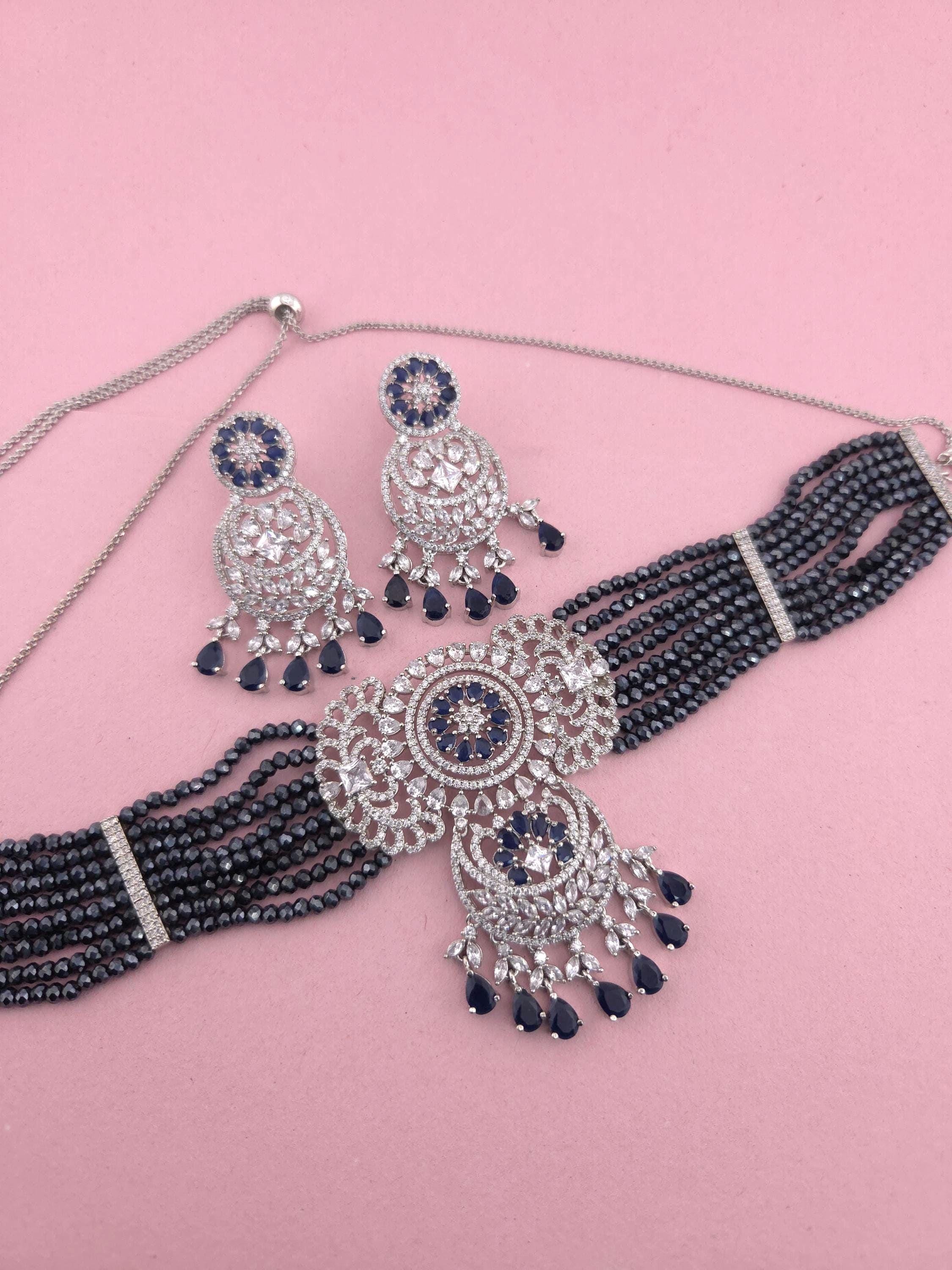 Navy Blue Kundan Choker Necklace Set | Silver Finish Bridal Jewelry