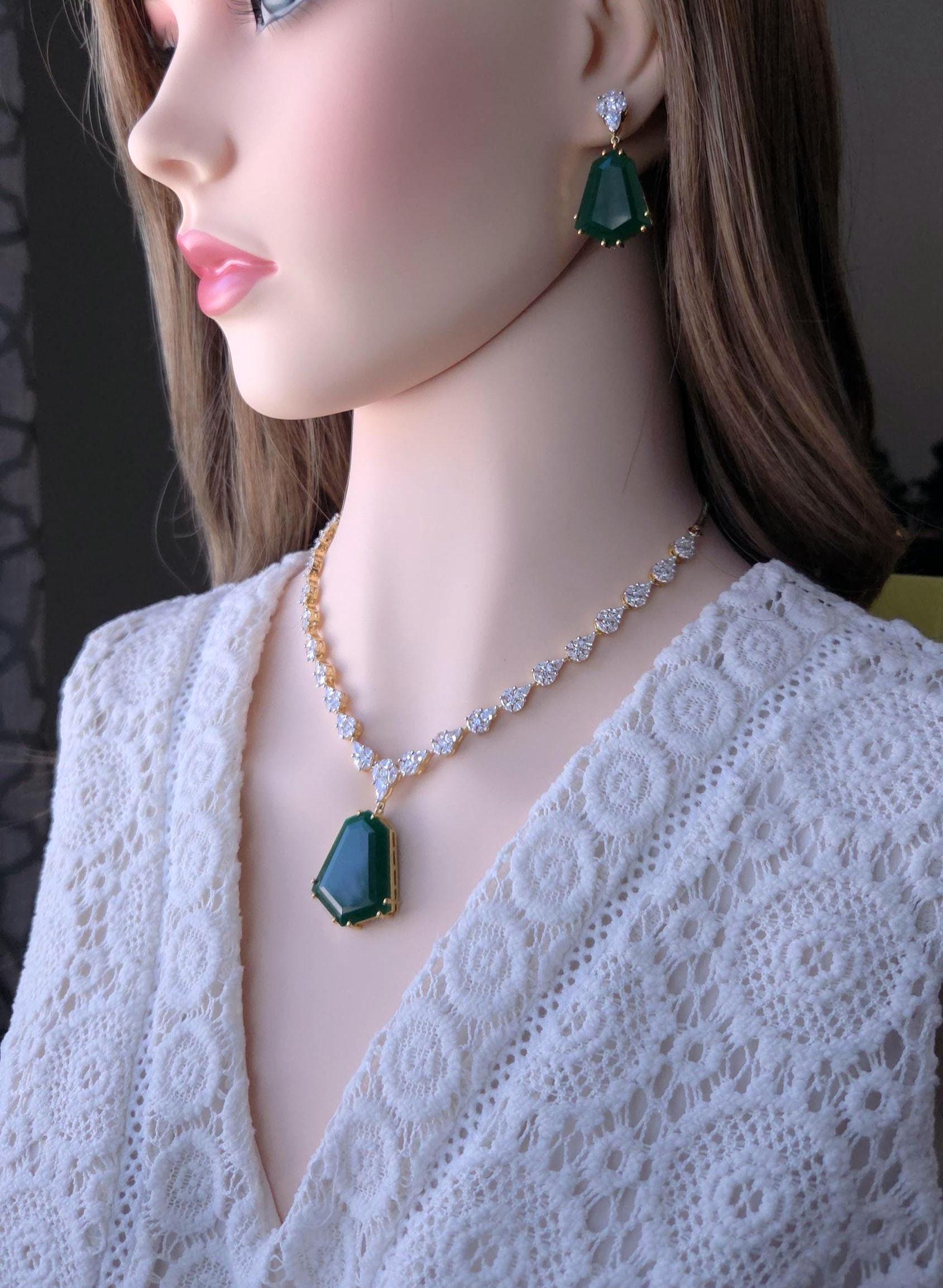 Bridal CZ Necklace Earrings Set, Emerald Green or Blush Pink, Gold/Silver Tone