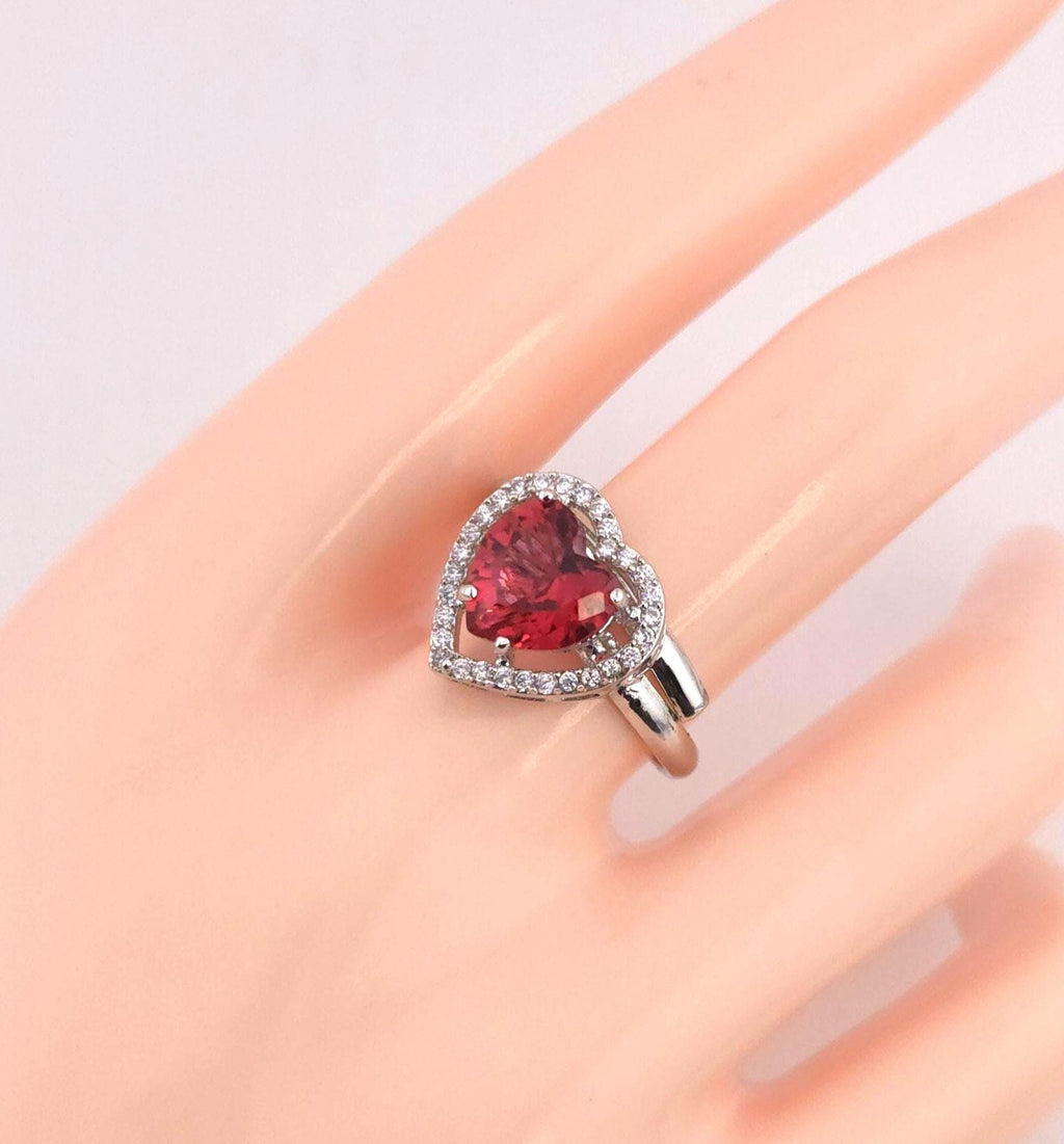 Red Heart CZ Ring | Adjustable Silver Band, Romantic Jewelry