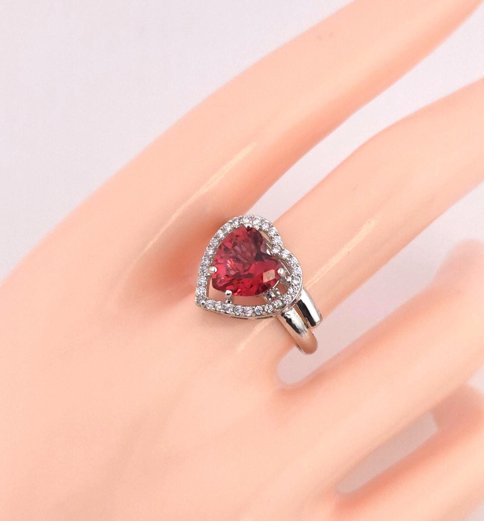 Red Heart CZ Ring | Adjustable Silver Band, Romantic Jewelry
