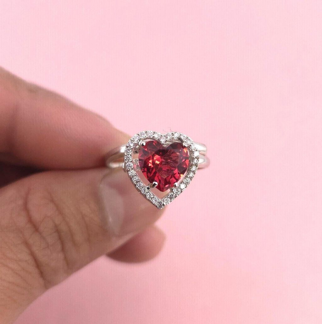 Red Heart CZ Ring | Adjustable Silver Band, Romantic Jewelry