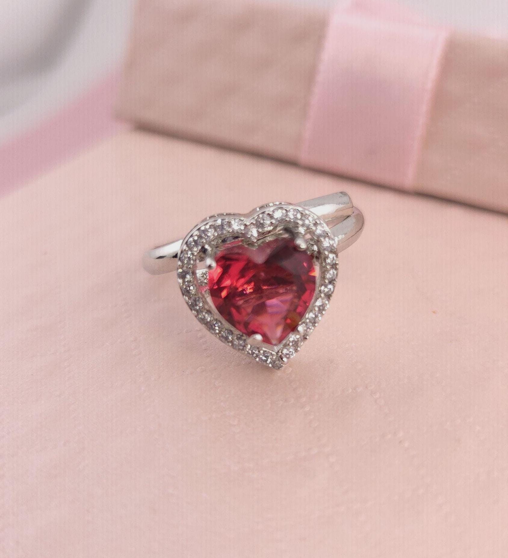 Red Heart CZ Ring | Adjustable Silver Band, Romantic Jewelry