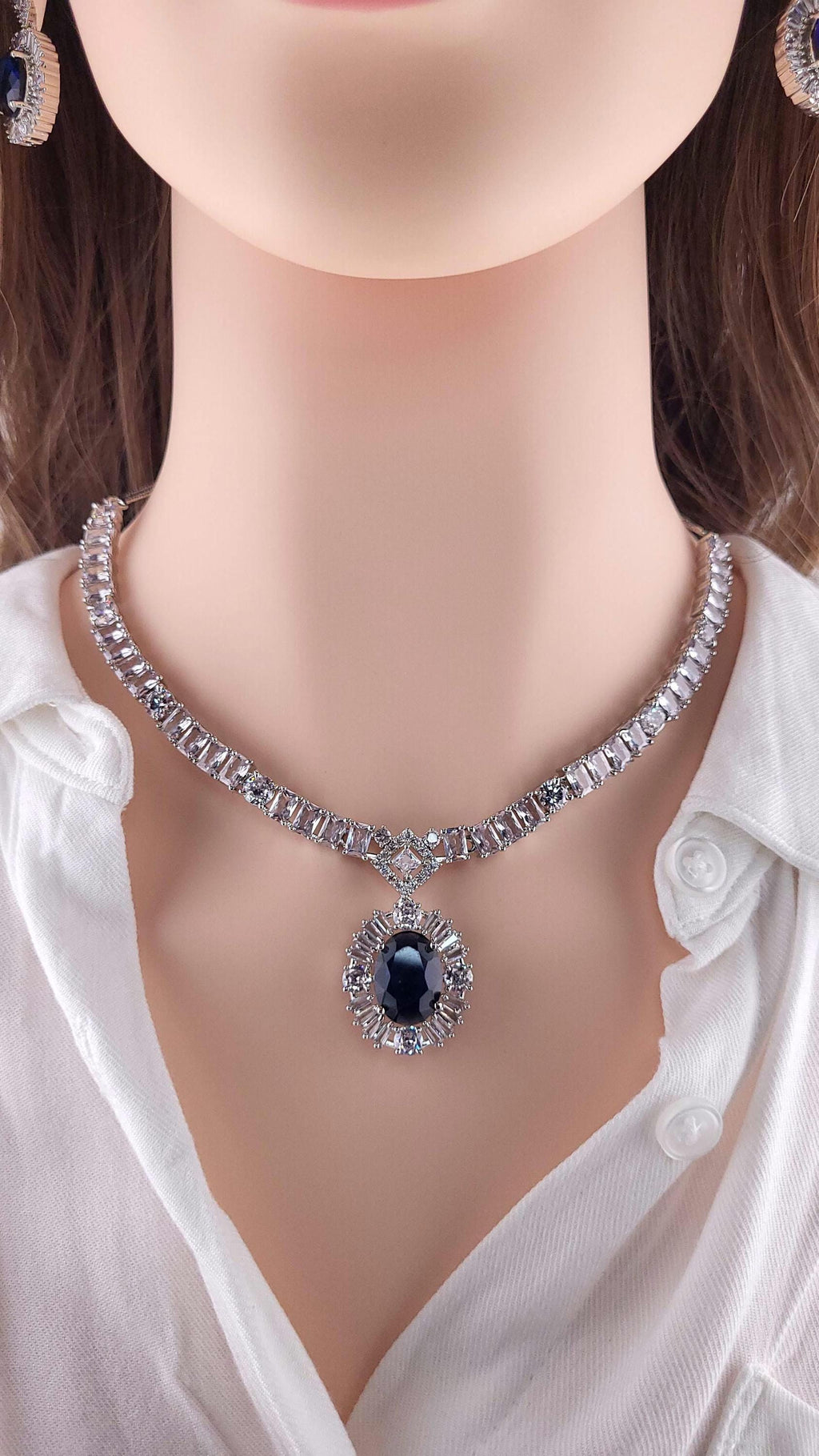 Oval CZ Necklace Set | Sapphire Blue or Ruby Red Wedding Jewelry | Bridal Evening Set