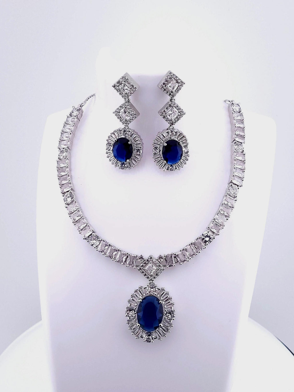 Oval CZ Necklace Set | Sapphire Blue or Ruby Red Wedding Jewelry | Bridal Evening Set