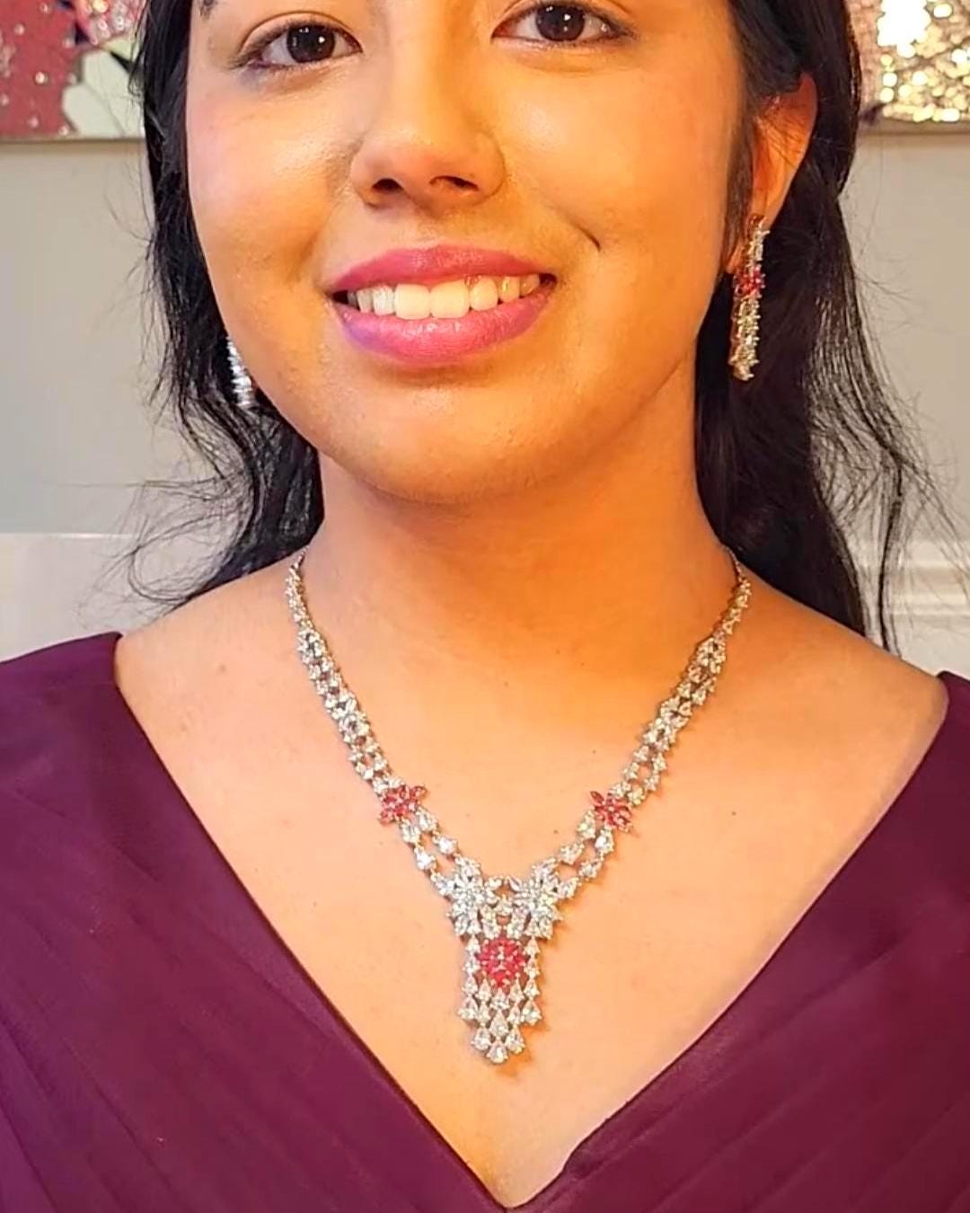 CZ Bridal Necklace & Earring Set | Silver Plated | Red, White & Emerald Green