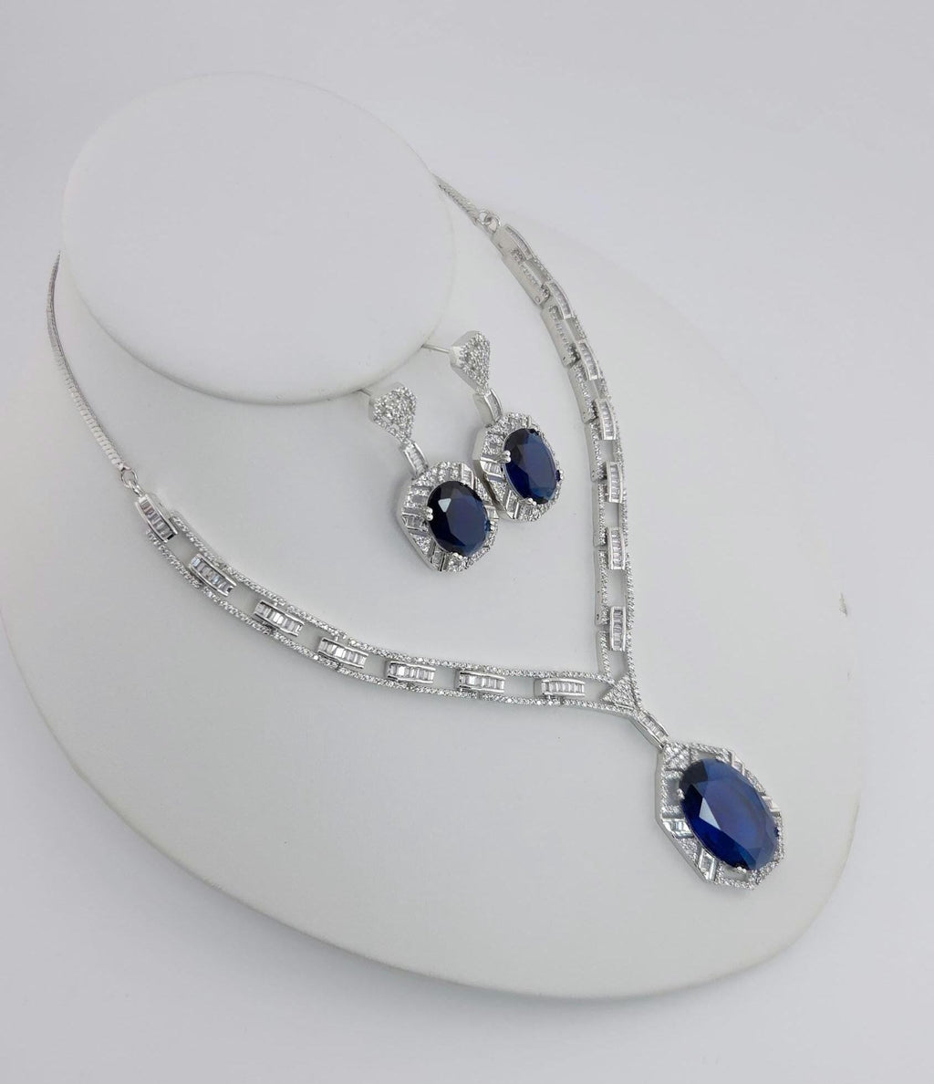 Royal Blue CZ Necklace Earrings Set | Silver Plated Bridal Statement Jewelry
