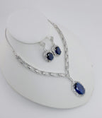 Royal Blue CZ Necklace Earrings Set | Silver Plated Bridal Statement Jewelry