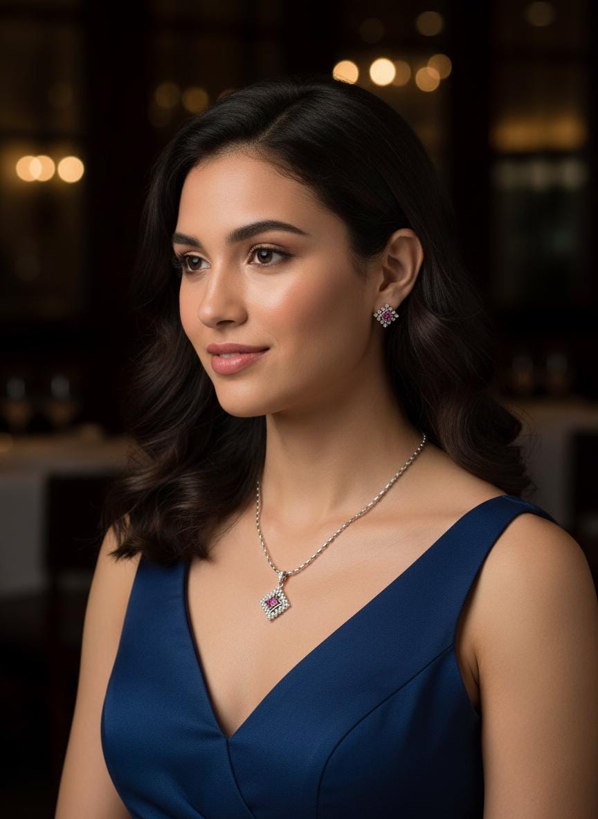 Diamond Shape CZ Pendant & Earrings Set – Red, Blue or Purple, Silver Tone