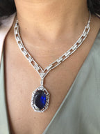 Royal Blue CZ Necklace Earrings Set | Silver Plated Bridal Statement Jewelry