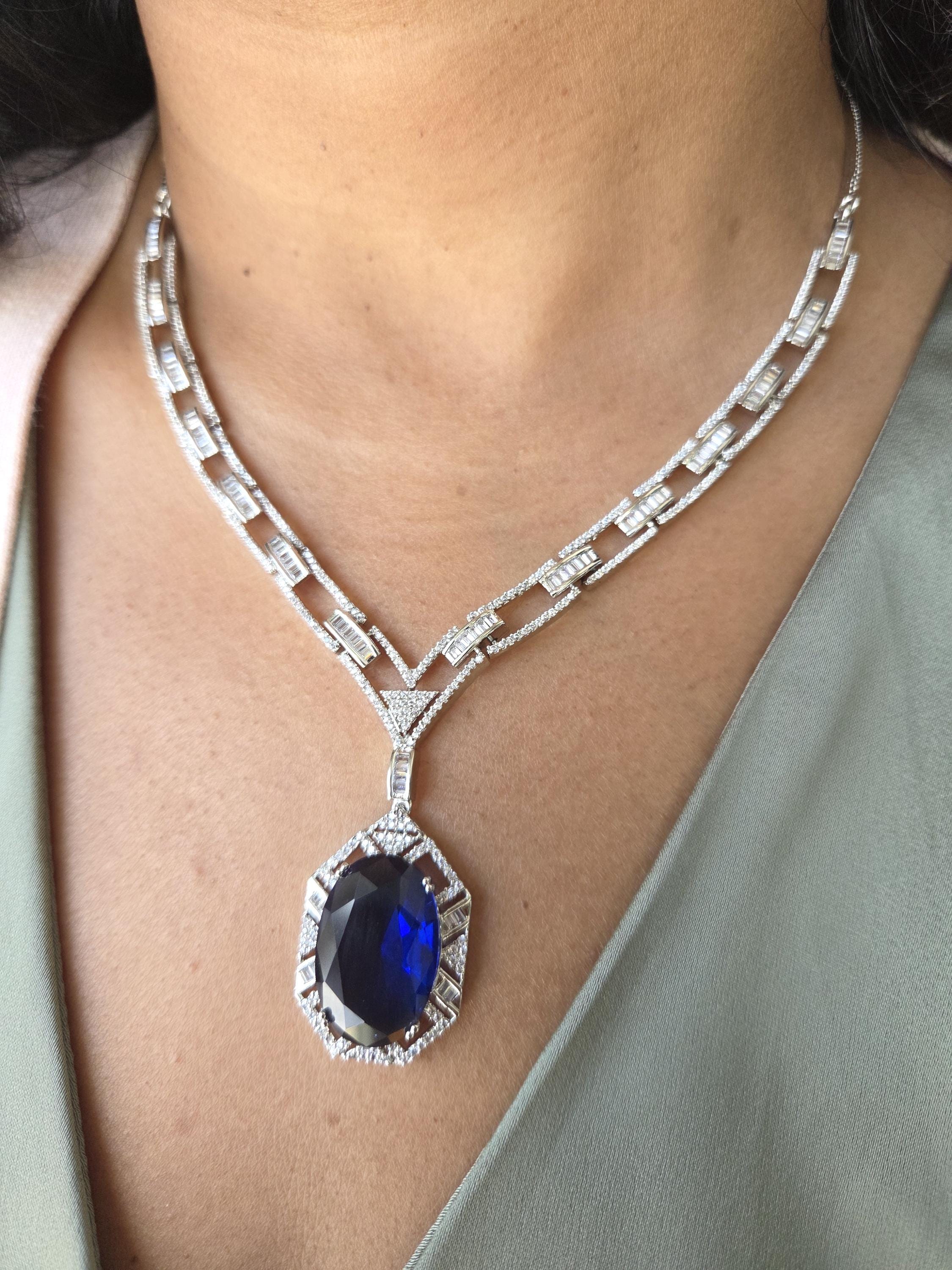 Royal Blue CZ Necklace Earrings Set | Silver Plated Bridal Statement Jewelry