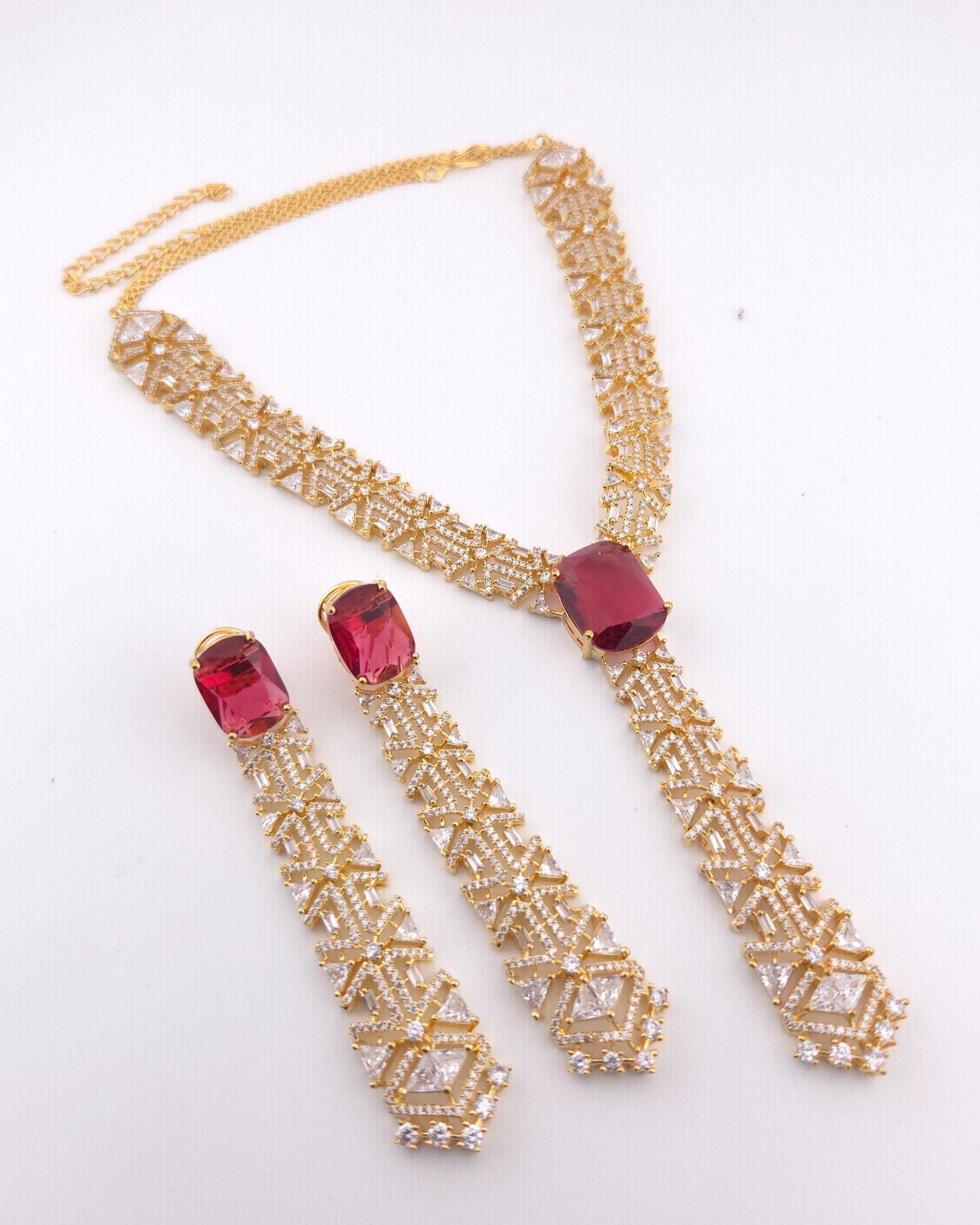 Ruby Red CZ V-Shape Long Pendant Necklace Set – Gold Plated Indian Bridal Jewelry