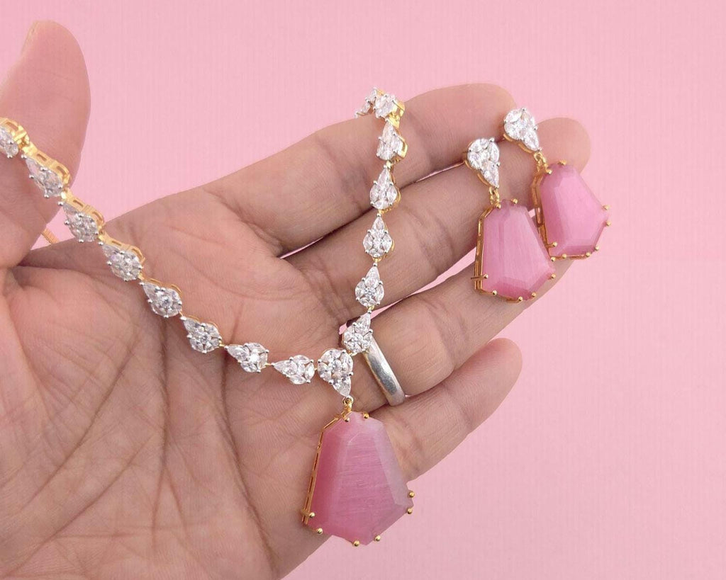 Bridal CZ Necklace Earrings Set, Emerald Green or Blush Pink, Gold/Silver Tone