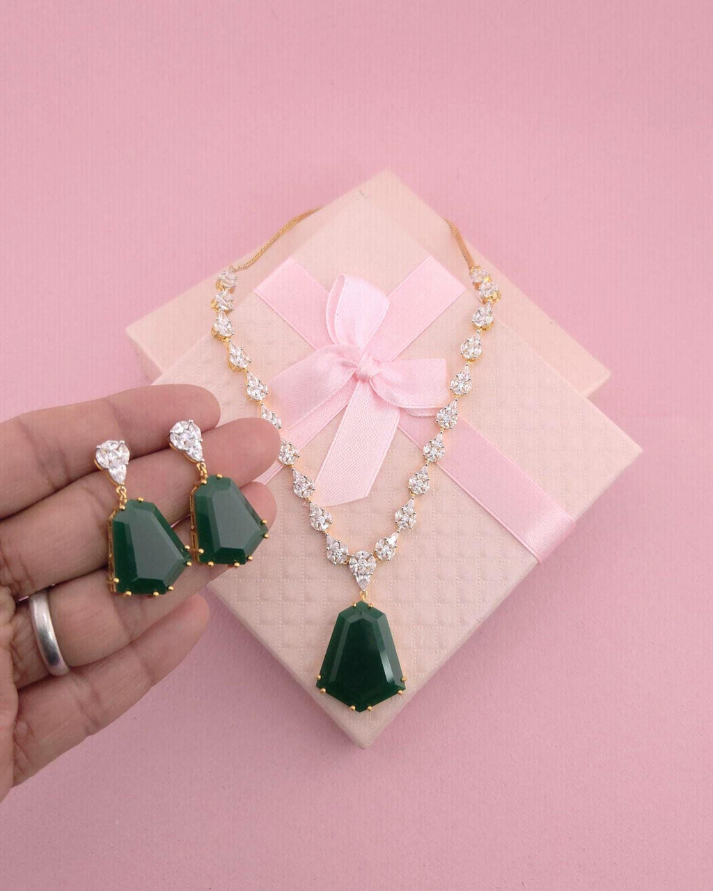 Bridal CZ Necklace Earrings Set, Emerald Green or Blush Pink, Gold/Silver Tone