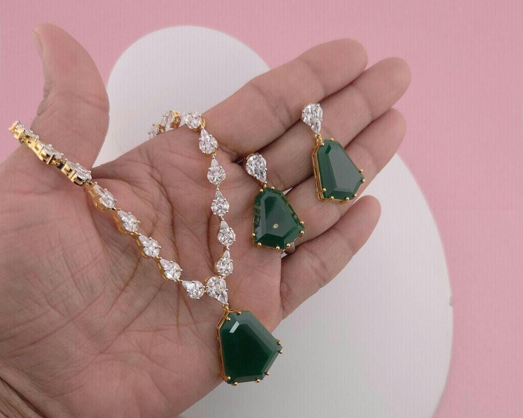 Bridal CZ Necklace Earrings Set, Emerald Green or Blush Pink, Gold/Silver Tone