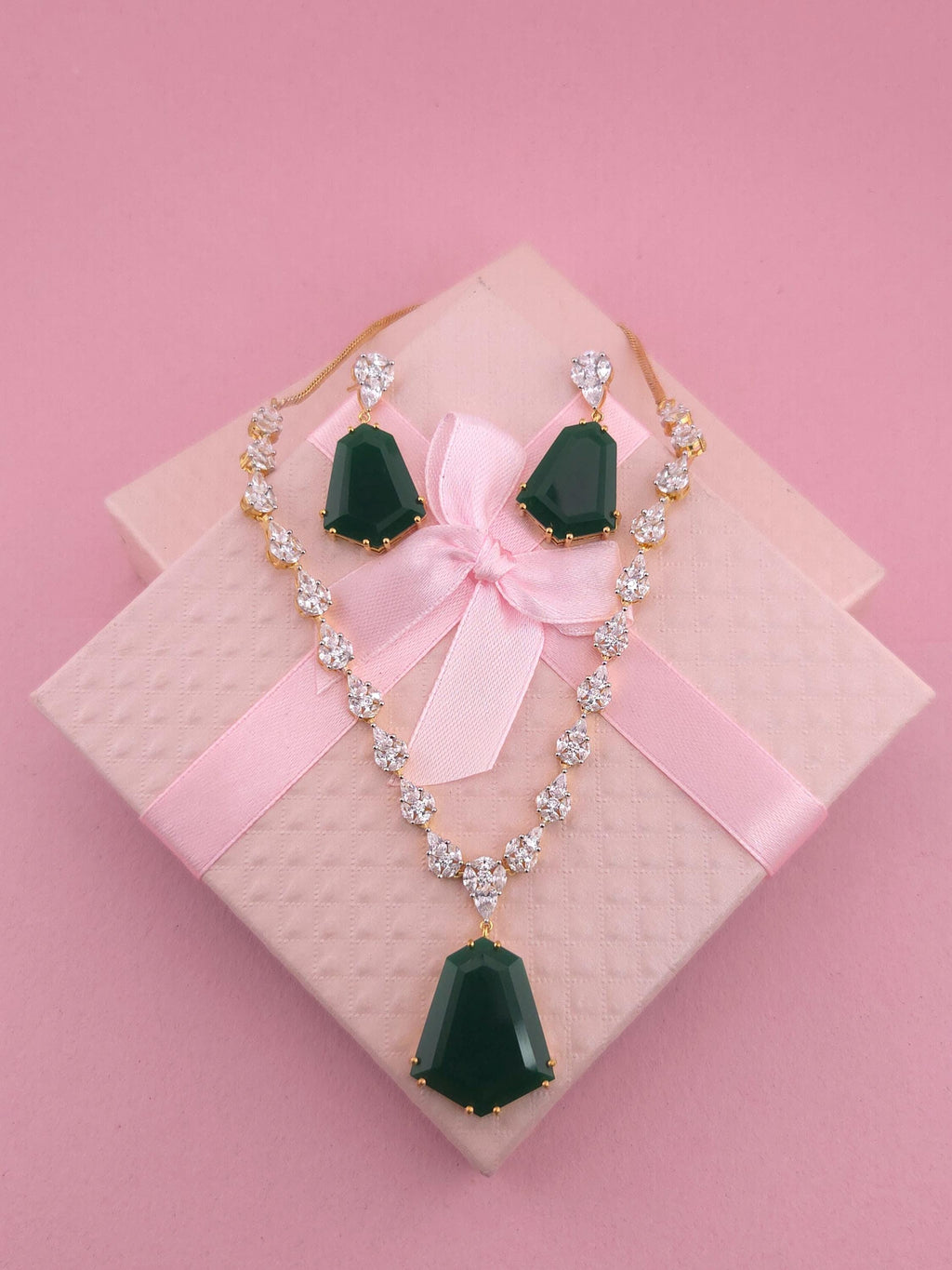 Bridal CZ Necklace Earrings Set, Emerald Green or Blush Pink, Gold/Silver Tone