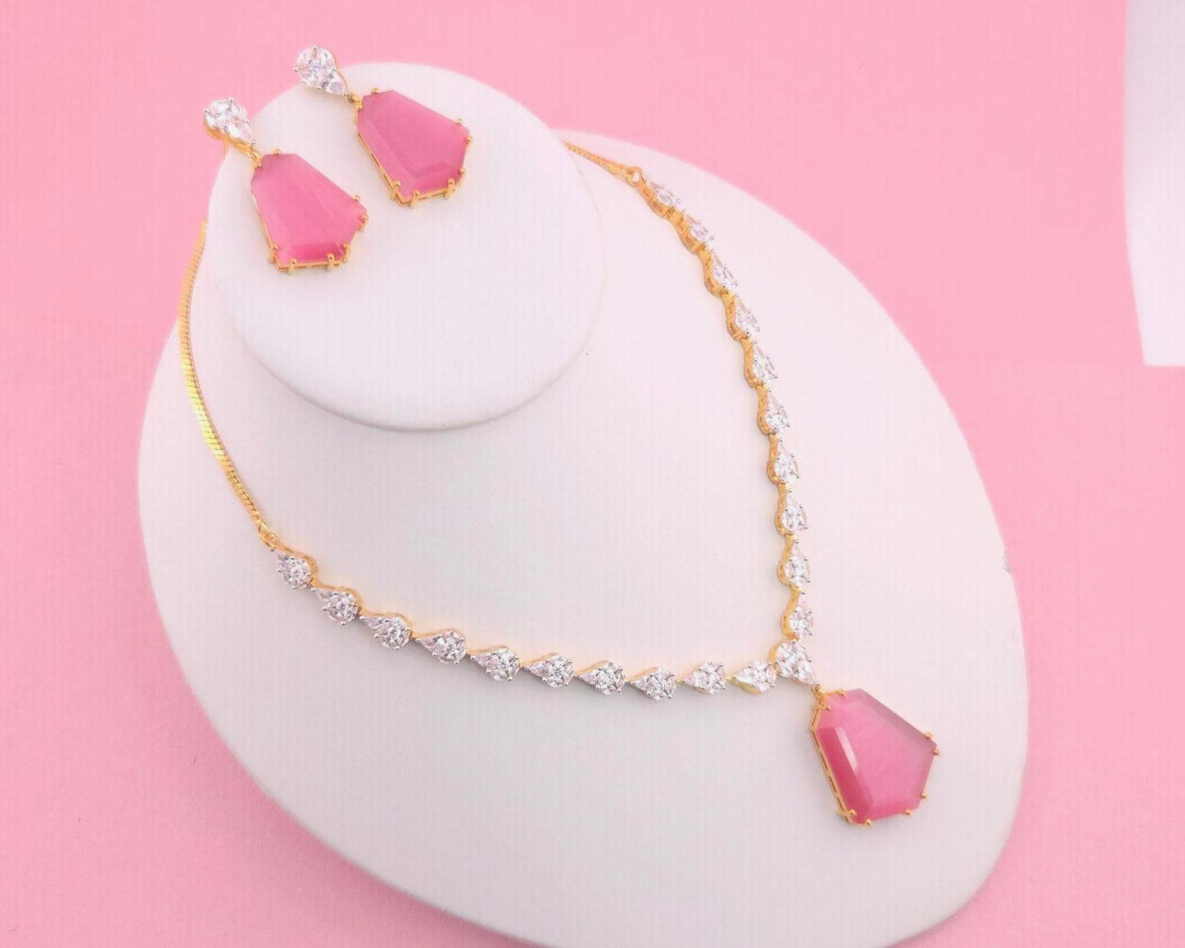 Bridal CZ Necklace Earrings Set, Emerald Green or Blush Pink, Gold/Silver Tone