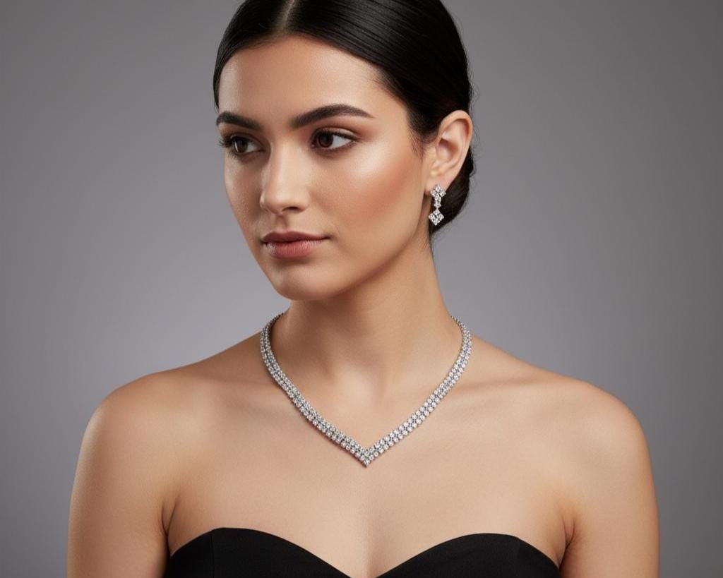 V-shaped CZ pendant necklace detail – silver plated bridal jewelry