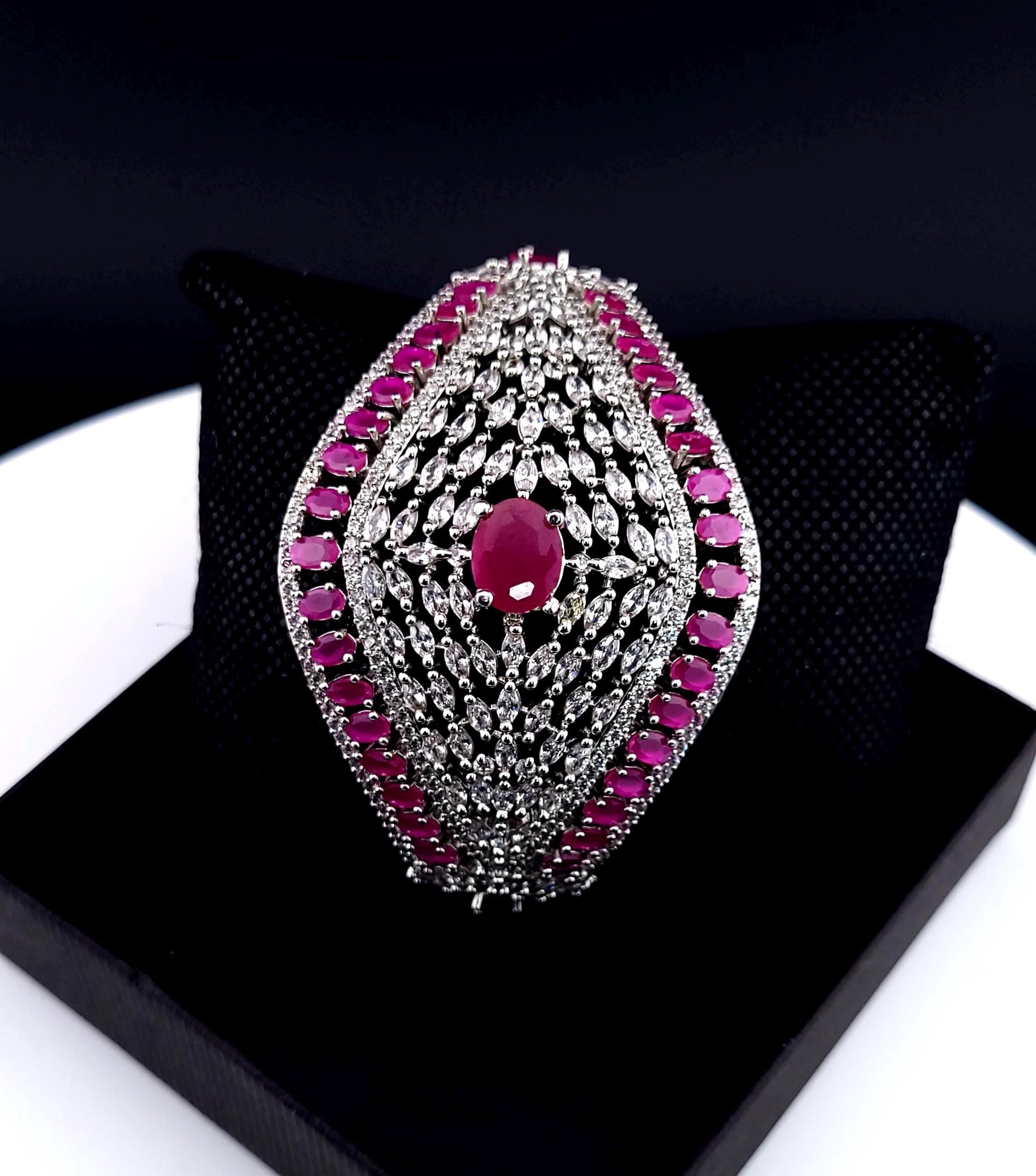Statement CZ Openable Cuff Bracelet – Adjustable Bridal Wedding Kada, Gold, Multicolor or Magenta
