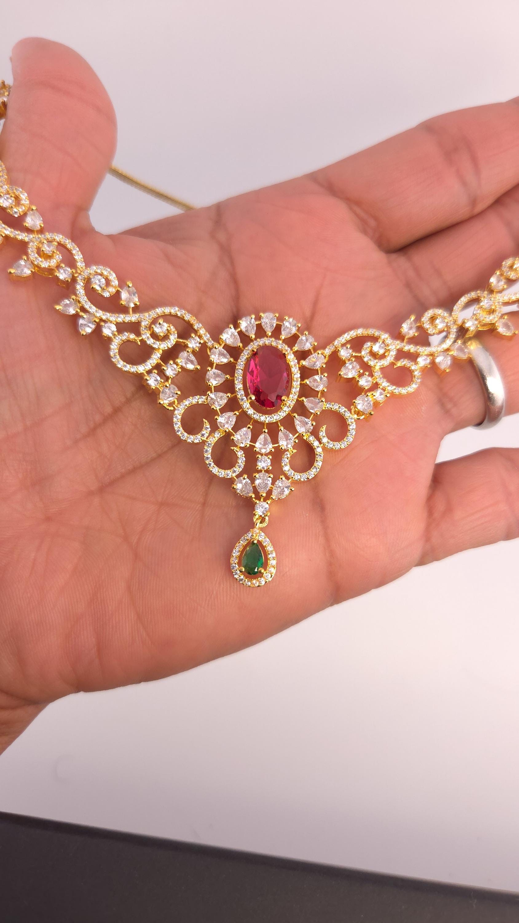 Indian Bridal Gold Necklace Set with Earrings, Maang Tikka, Red Green Kundan Style Jewelry