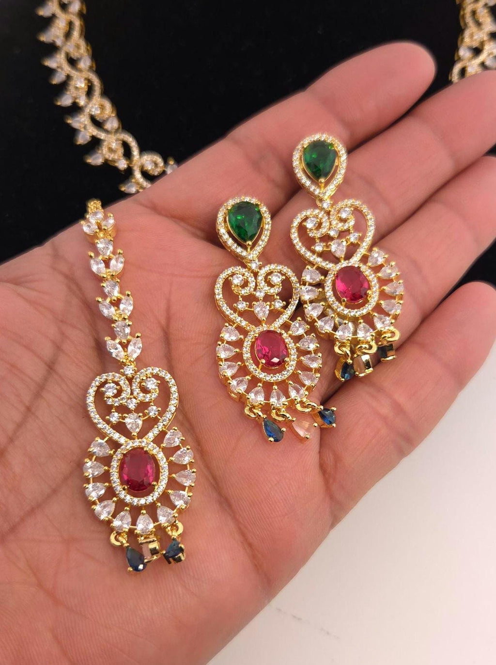 Indian Bridal Gold Necklace Set with Earrings, Maang Tikka, Red Green Kundan Style Jewelry