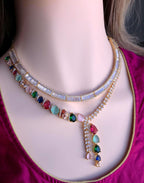 Navratna Style Bridal Jewelry Set, Multicolor CZ Choker Necklace Earrings