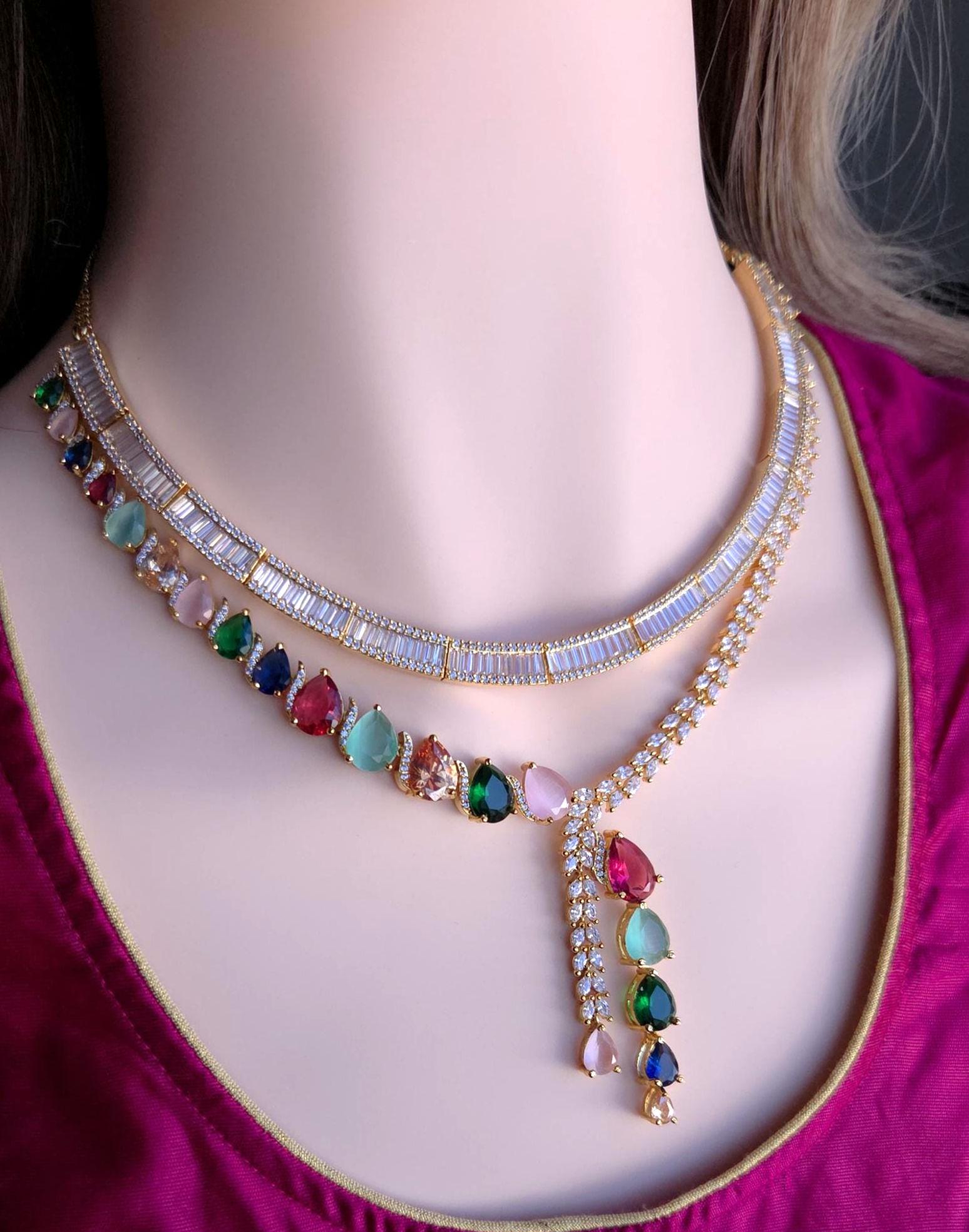 Navratna Style Bridal Jewelry Set, Multicolor CZ Choker Necklace Earrings