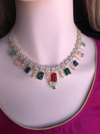 Navratna Style CZ Bridal Necklace Set – Gold Plated Indian Wedding Jewelry