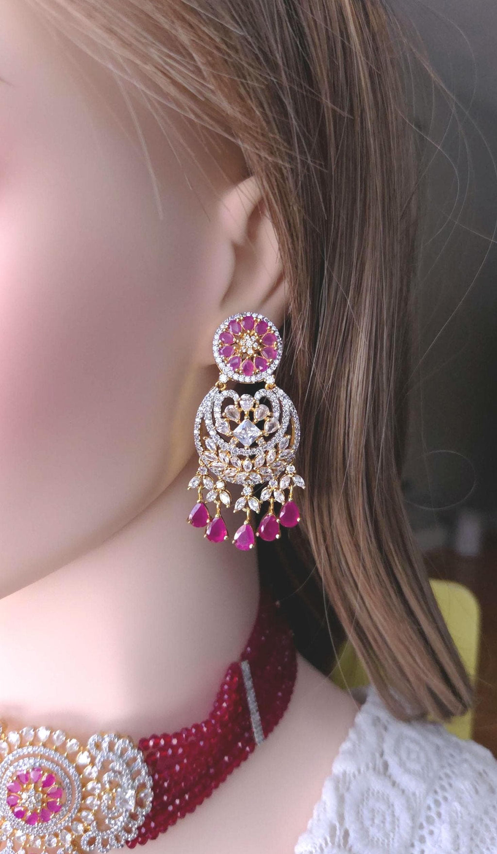 Ruby Pink Beaded Choker Necklace Set, American Diamond CZ Bridal Jewelry
