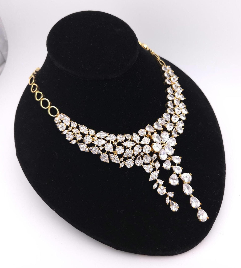 Gold Plated CZ Bridal Necklace Set, Floral Layered Statement Jewelry with Earrings