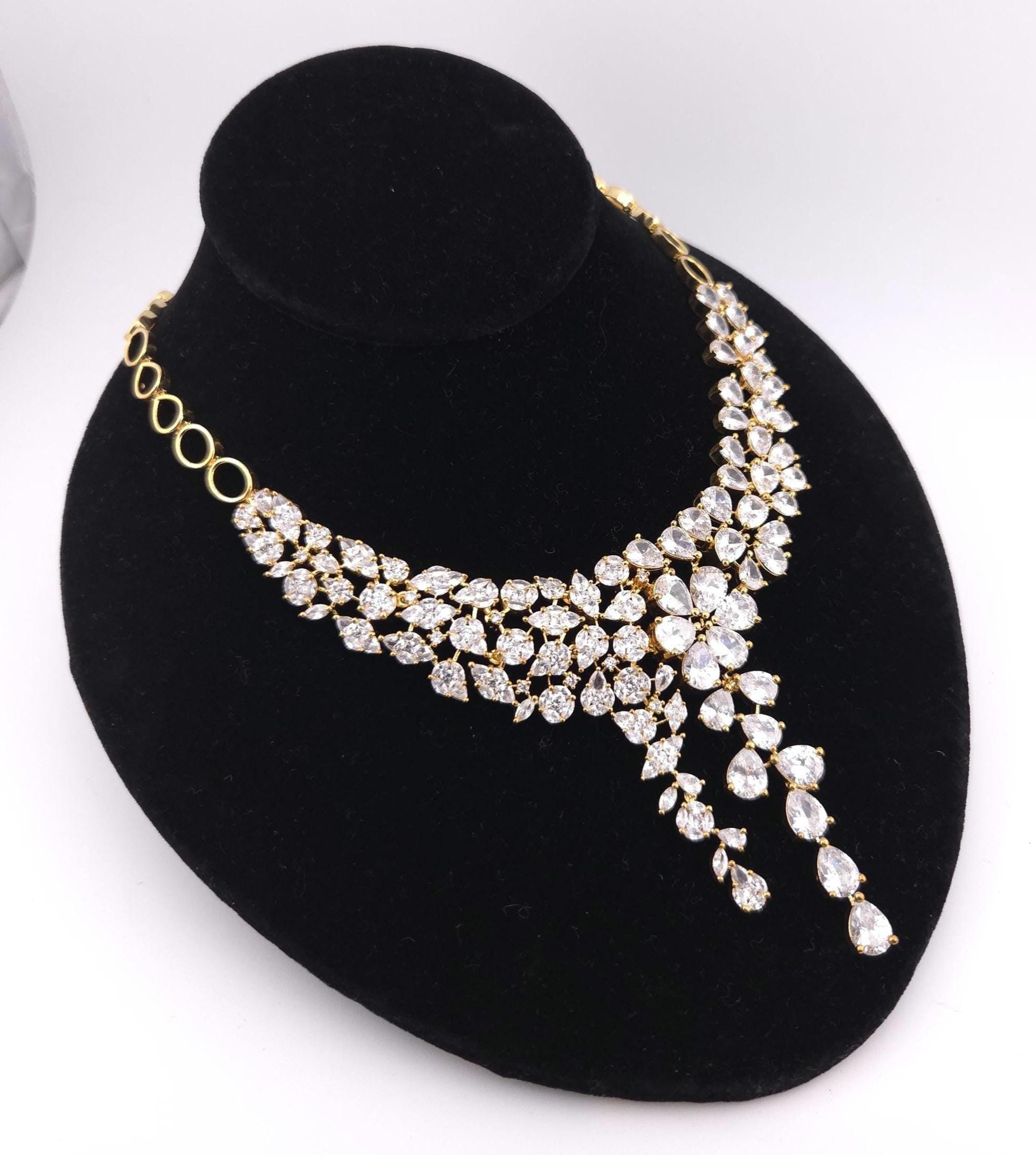 Gold Plated CZ Bridal Necklace Set, Floral Layered Statement Jewelry with Earrings